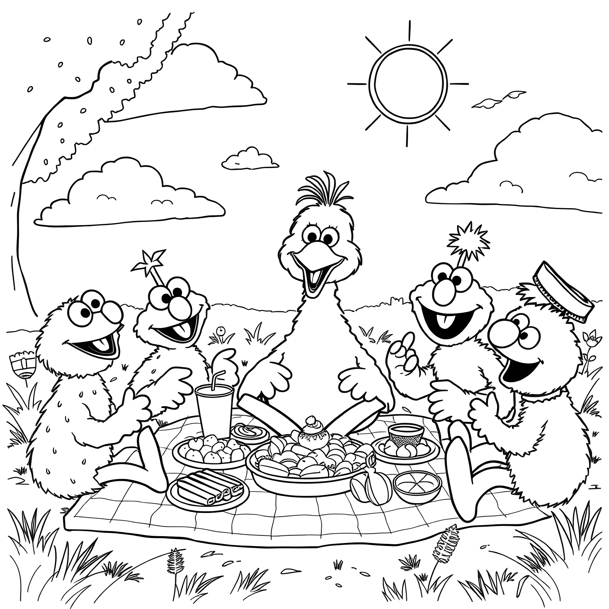 Sesame Street Characters Enjoying a Picnic Coloring Page (free black-and-white line drawing printable PDF for all, from beginners to advanced learners, including children, teens, adults, and seniors)