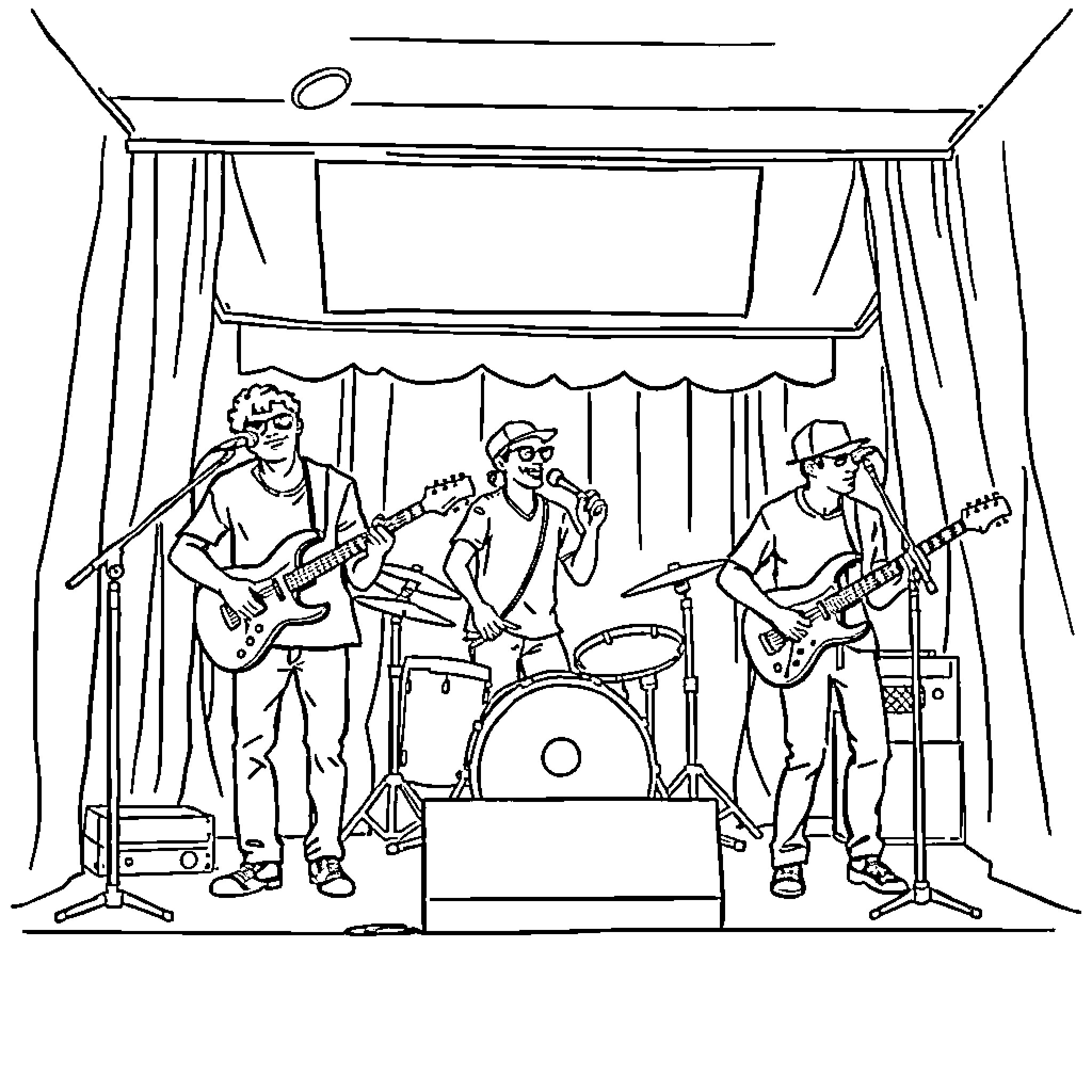 Band performing on stage with instruments Coloring Page (free black-and-white line drawing printable PDF for all, from beginners to advanced learners, including children, teens, adults, and seniors)