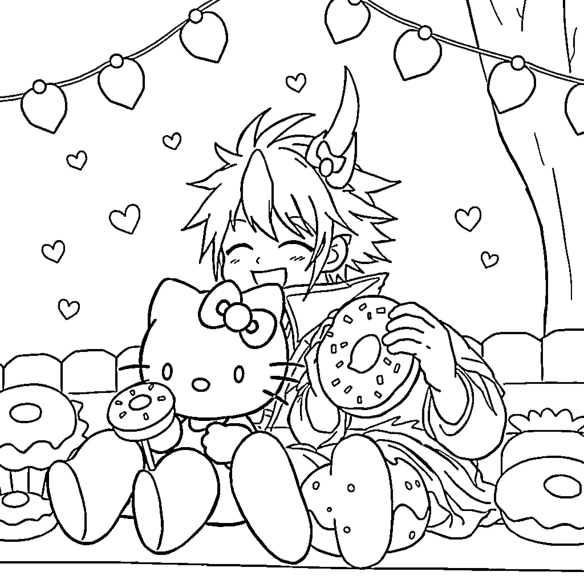 Tanjiro in a whimsical outdoor scene Coloring Page (free black-and-white line drawing printable PDF for all, from beginners to advanced learners, including children, teens, adults, and seniors)