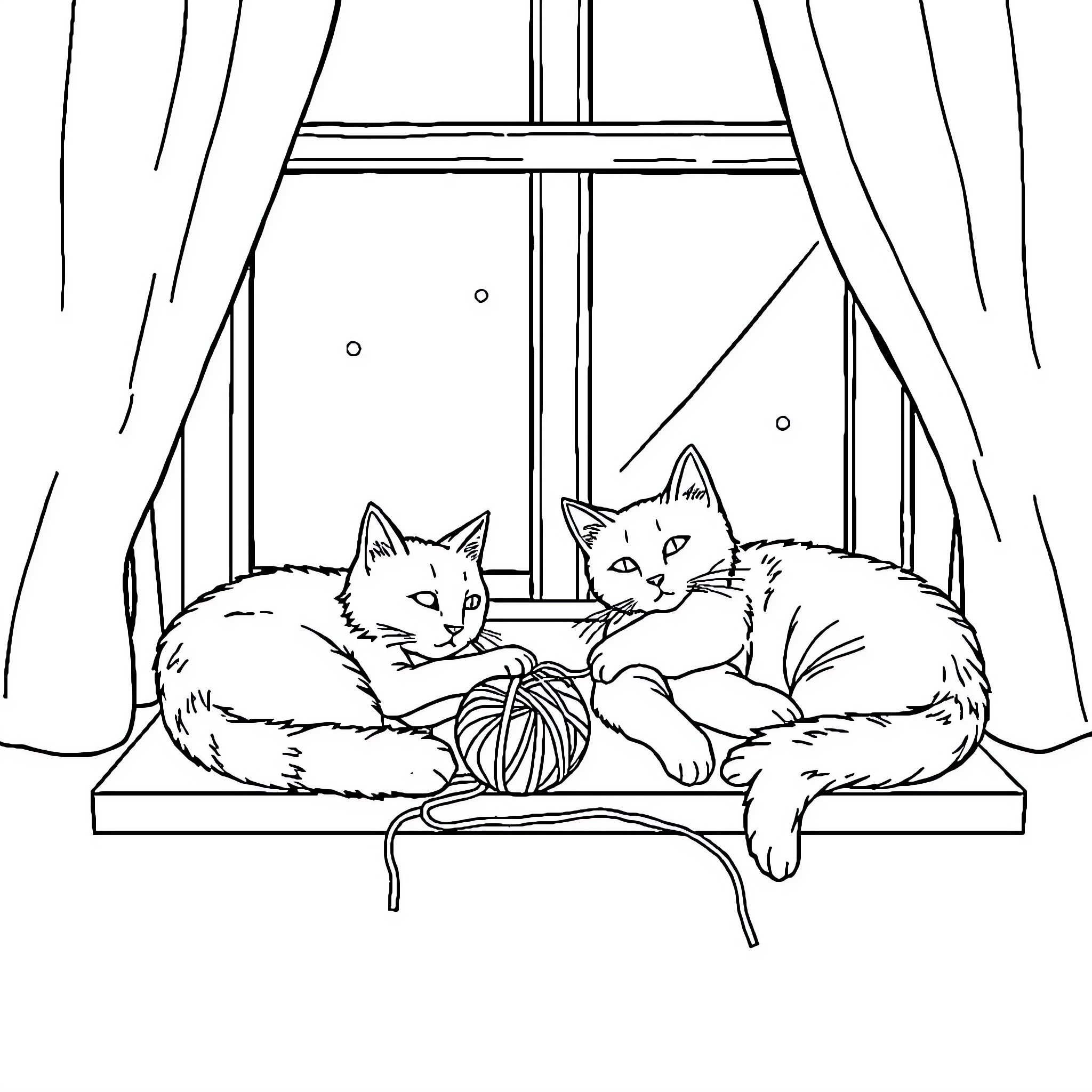 Cats lounging on windowsill with yarn Coloring Page (free black-and-white line drawing printable PDF for all, from beginners to advanced learners, including children, teens, adults, and seniors)