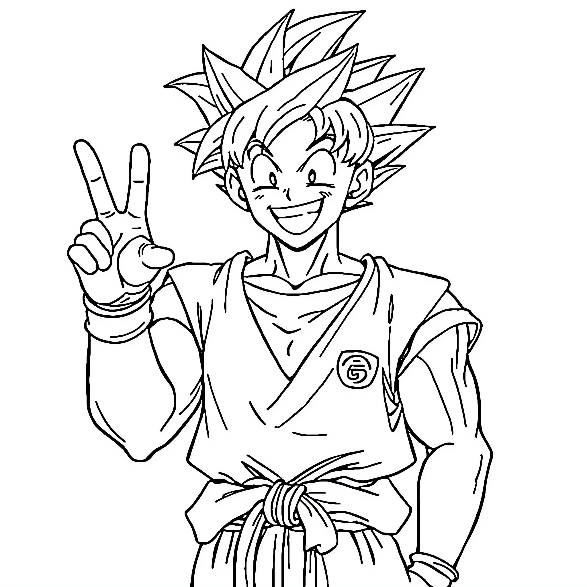 Son Goku making a peace sign with excitement Coloring Page (free black-and-white line drawing printable PDF for all, from beginners to advanced learners, including children, teens, adults, and seniors)