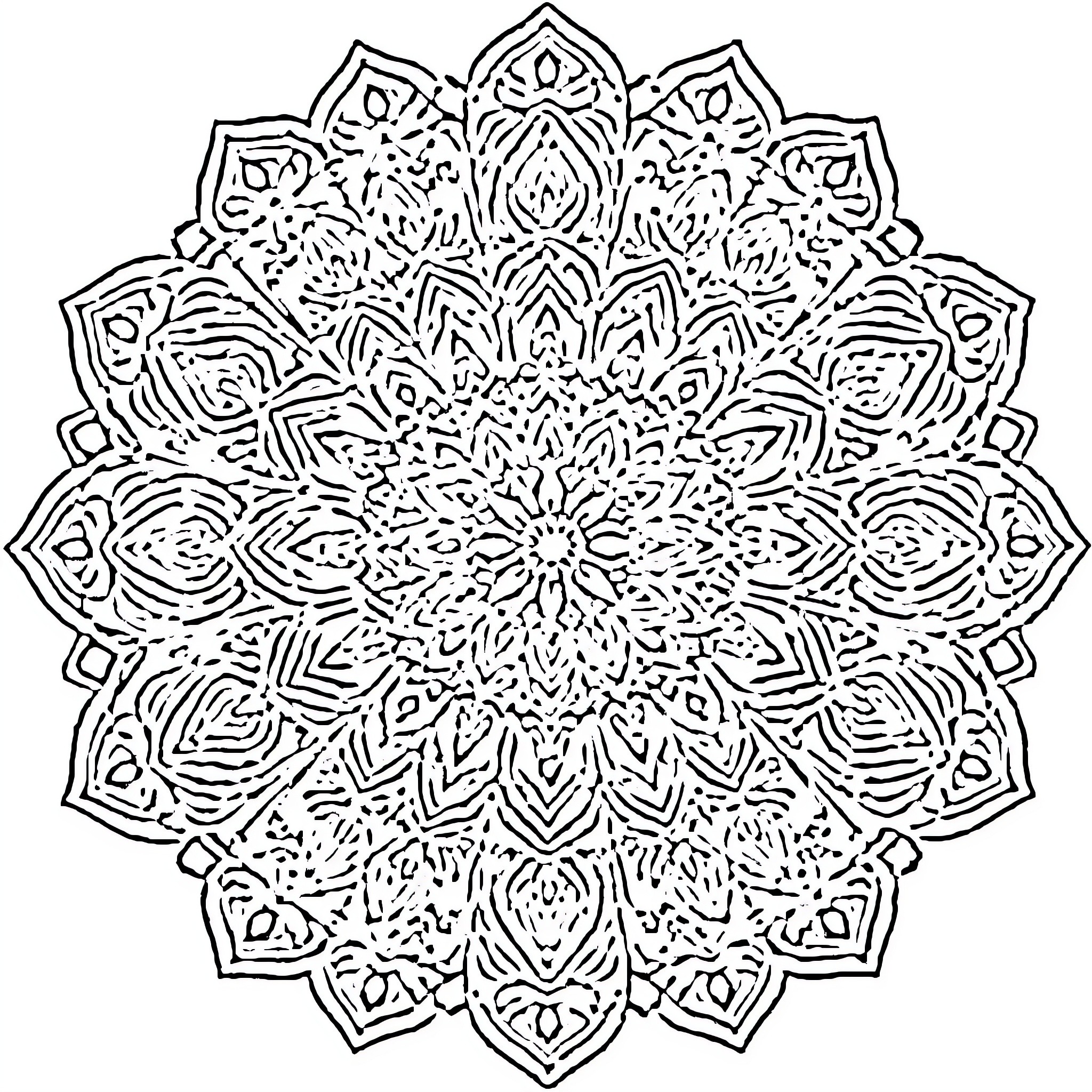 Mandala with intricate floral patterns Coloring Page (free black-and-white line drawing printable PDF for all, from beginners to advanced learners, including children, teens, adults, and seniors)