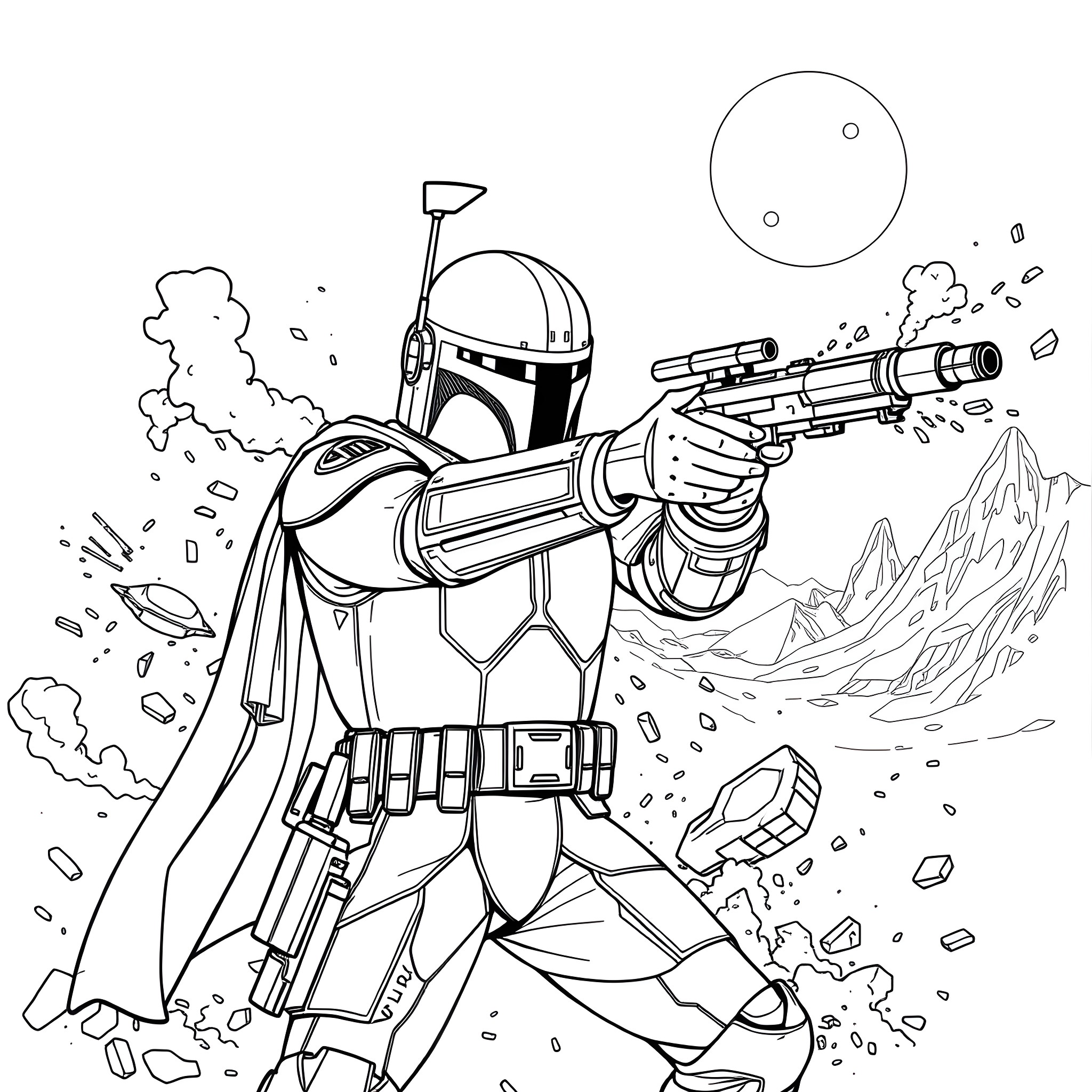 Boba Fett in action with blaster rifle Coloring Page (free black-and-white line drawing printable PDF for all, from beginners to advanced learners, including children, teens, adults, and seniors)
