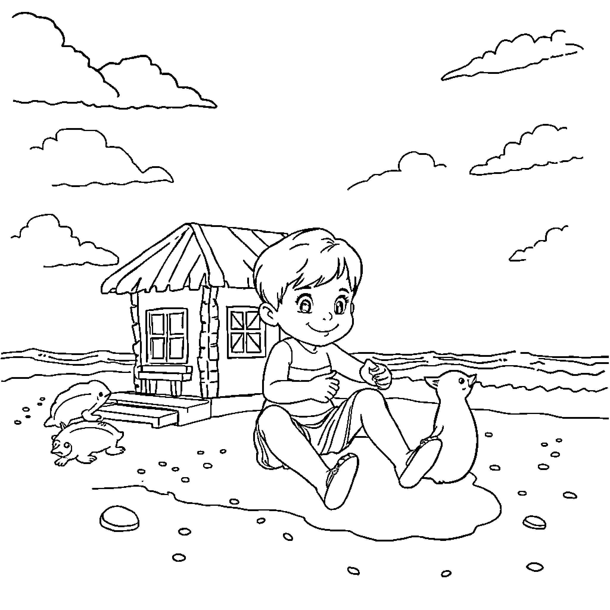 Gaby plays happily by the beach house Coloring Page (free black-and-white line drawing printable PDF for all, from beginners to advanced learners, including children, teens, adults, and seniors)