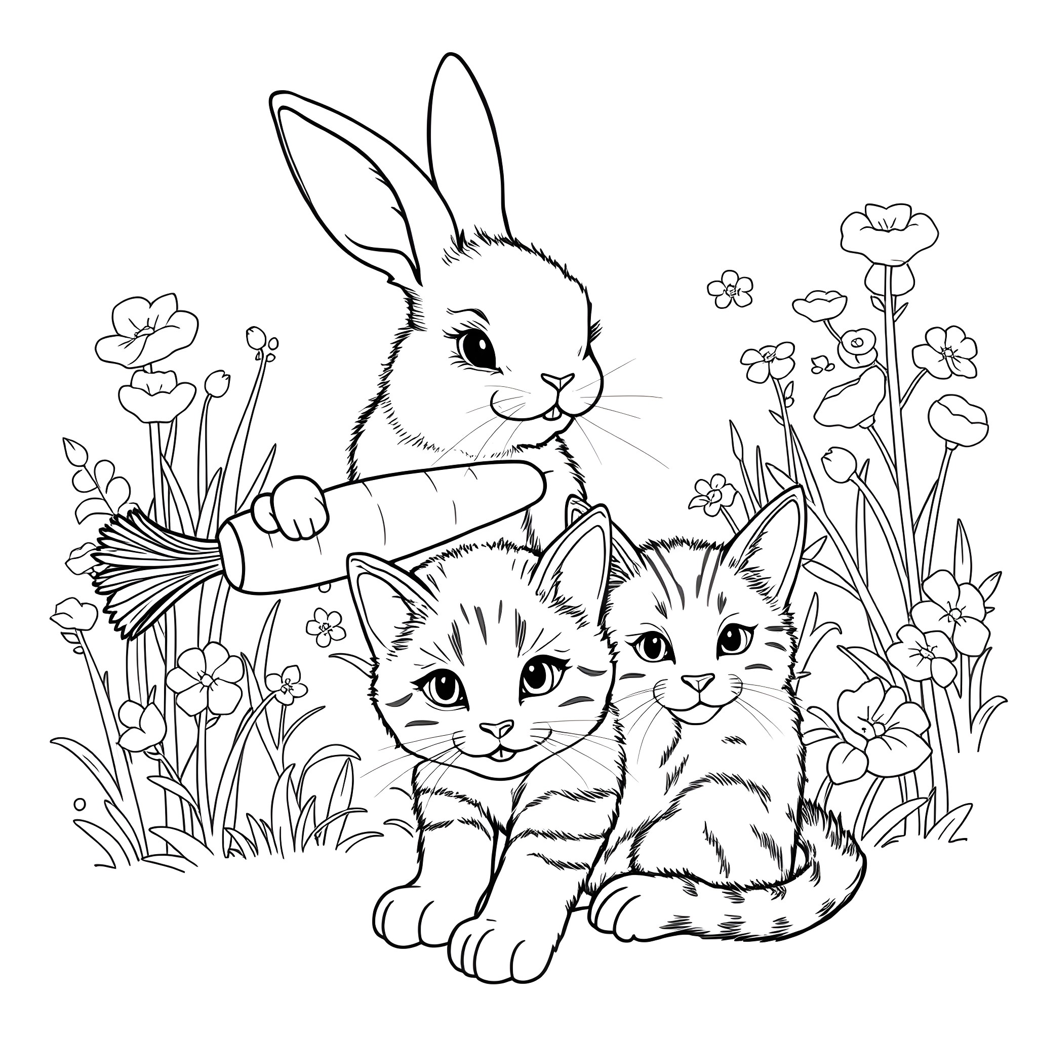 Bunny and kittens frolicking in the garden Coloring Page (free black-and-white line drawing printable PDF for all, from beginners to advanced learners, including children, teens, adults, and seniors)