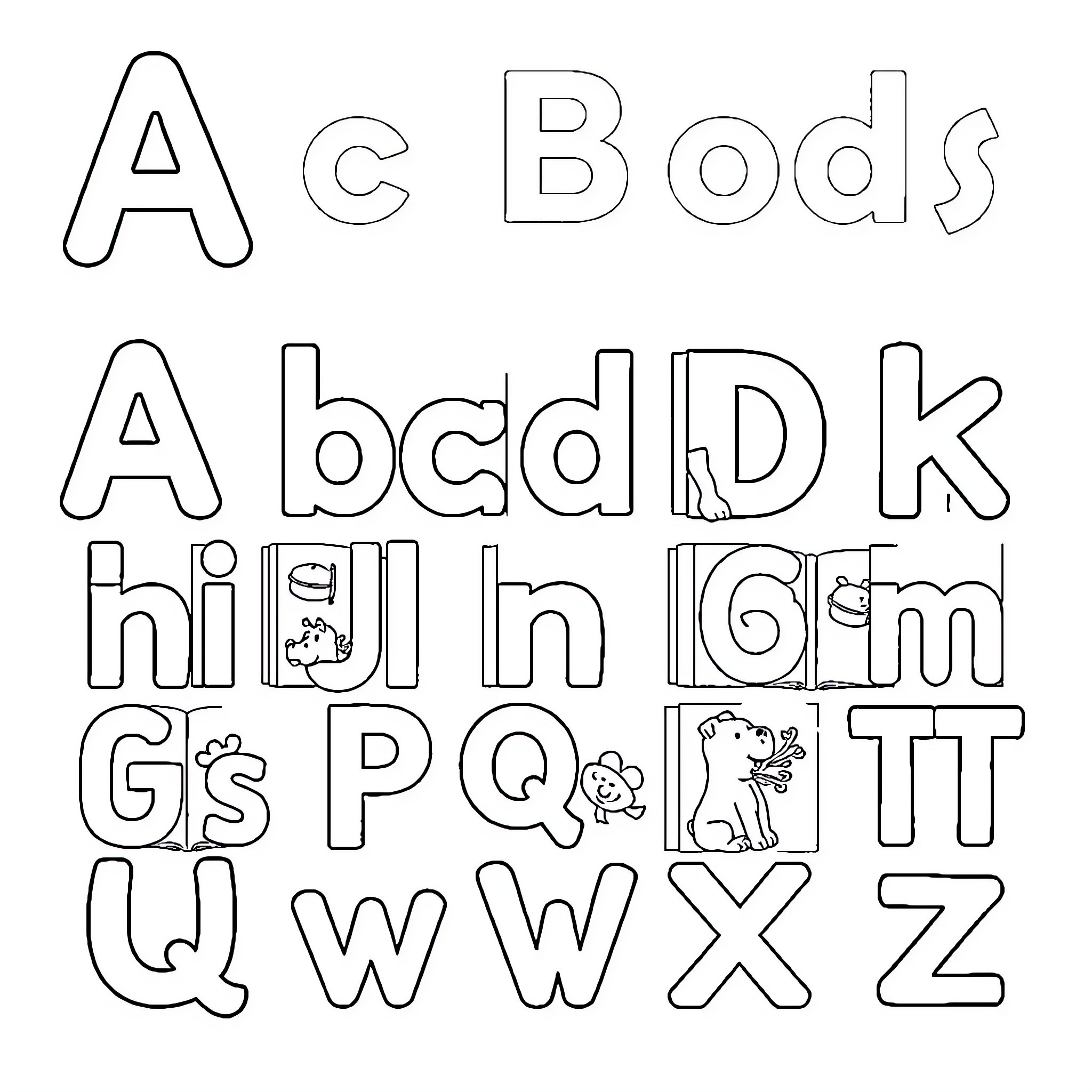 Alphabet characters with playful doodles Coloring Page (free black-and-white line drawing printable PDF for all, from beginners to advanced learners, including children, teens, adults, and seniors)