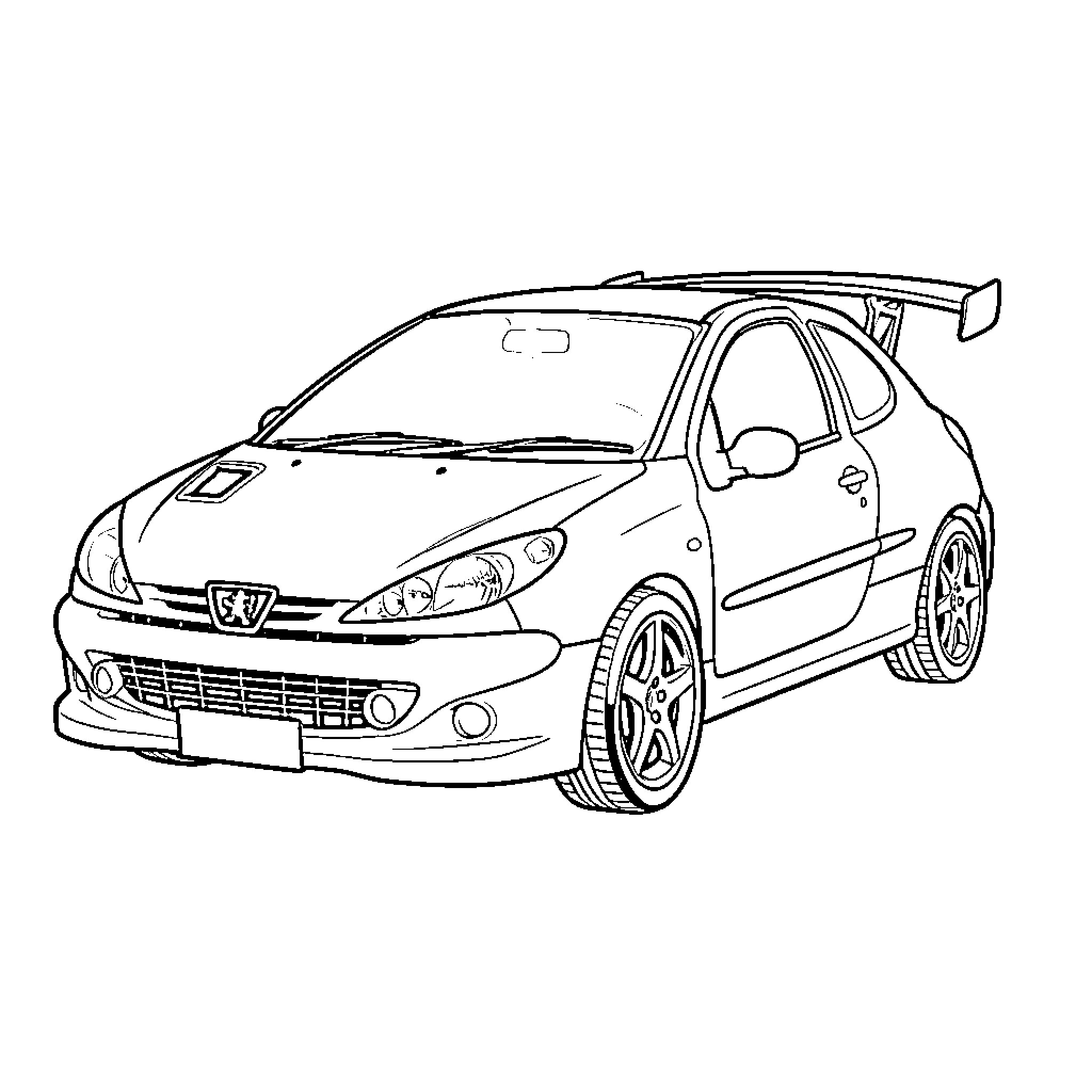 Peugeot 206 parked showcasing a sporty design Coloring Page (free black-and-white line drawing printable PDF for all, from beginners to advanced learners, including children, teens, adults, and seniors)