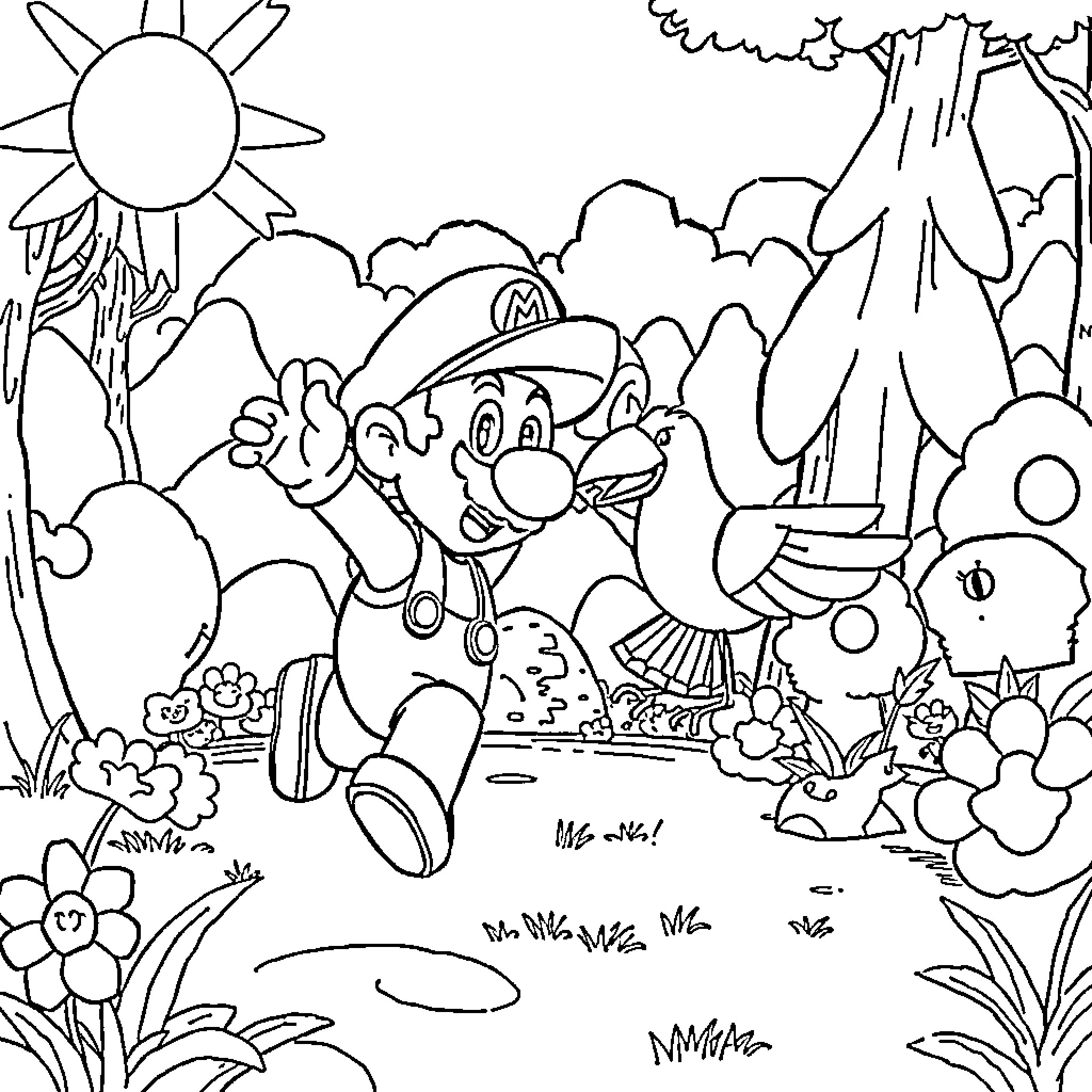 Mario exploring the vibrant and whimsical nature landscape Coloring Page (free black-and-white line drawing printable PDF for all, from beginners to advanced learners, including children, teens, adults, and seniors)