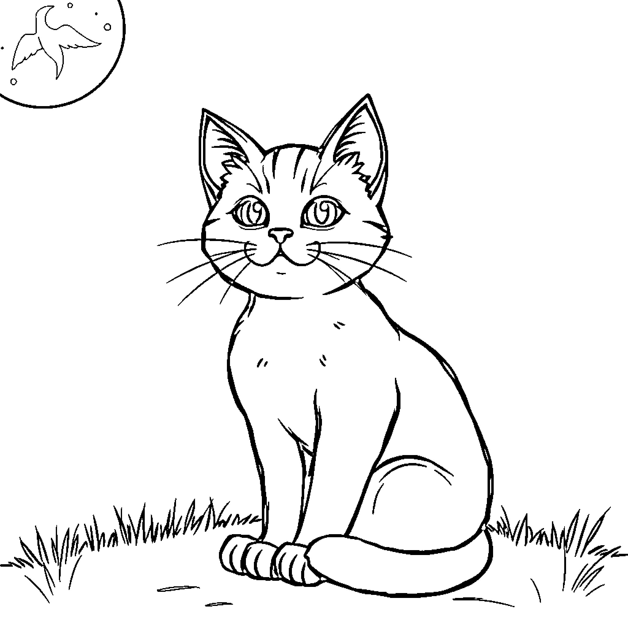 Cat sitting calmly in a grassy field Coloring Page (free black-and-white line drawing printable PDF for all, from beginners to advanced learners, including children, teens, adults, and seniors)