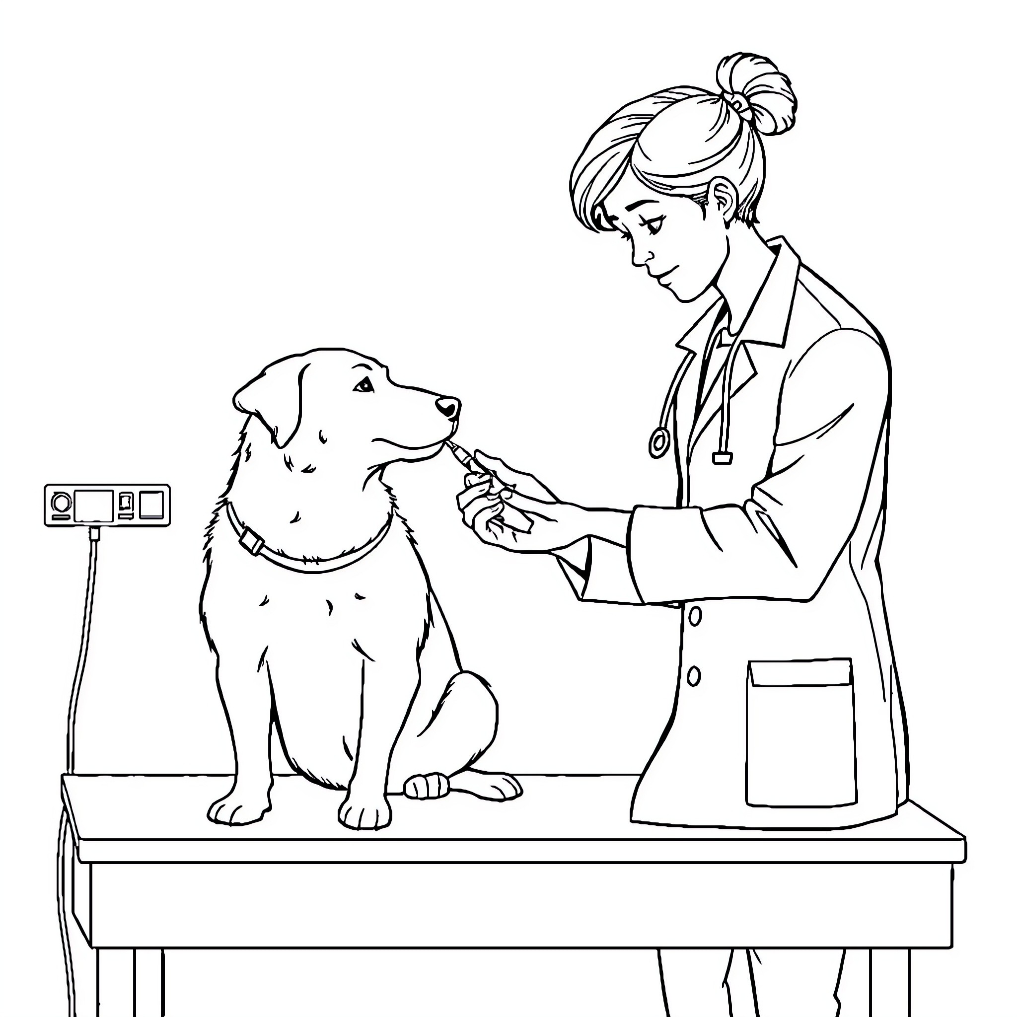 Veterinarian examining a patient dog during a routine checkup Coloring Page (free black-and-white line drawing printable PDF for all, from beginners to advanced learners, including children, teens, adults, and seniors)
