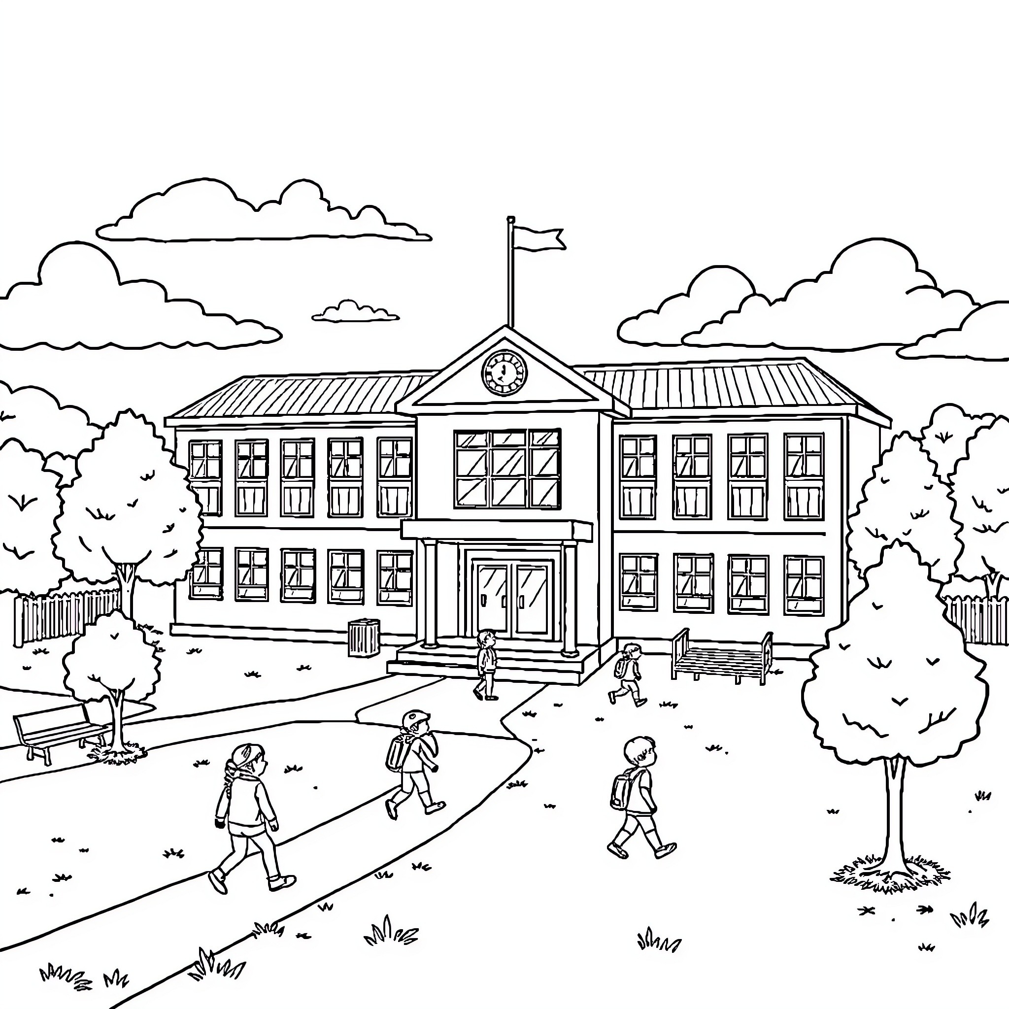 School Outdoor Scene with Students Strolling Coloring Page (free black-and-white line drawing printable PDF for all, from beginners to advanced learners, including children, teens, adults, and seniors)