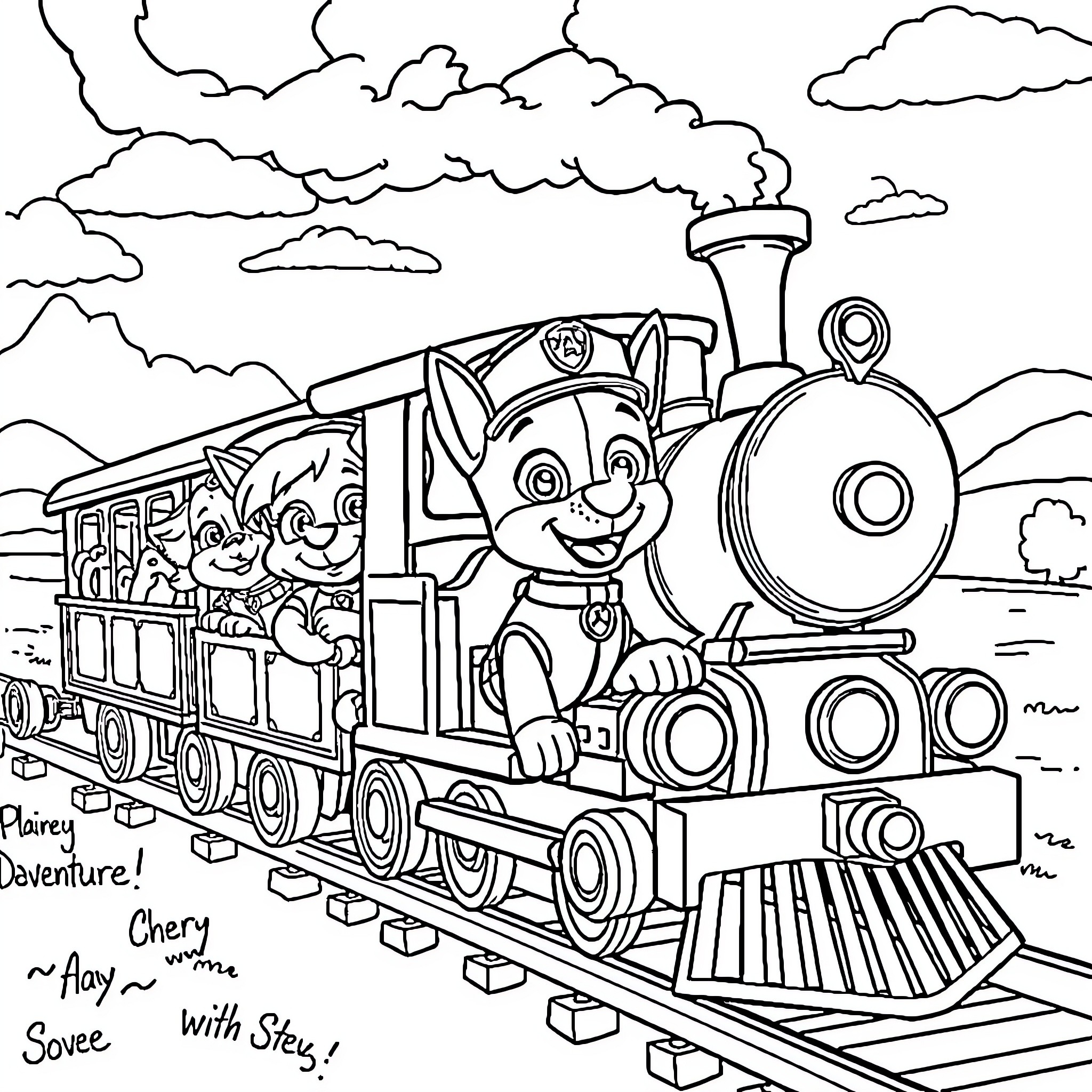 Pawpatrol: Pups on a Train Adventure Coloring Page (free black-and-white line drawing printable PDF for all, from beginners to advanced learners, including children, teens, adults, and seniors)