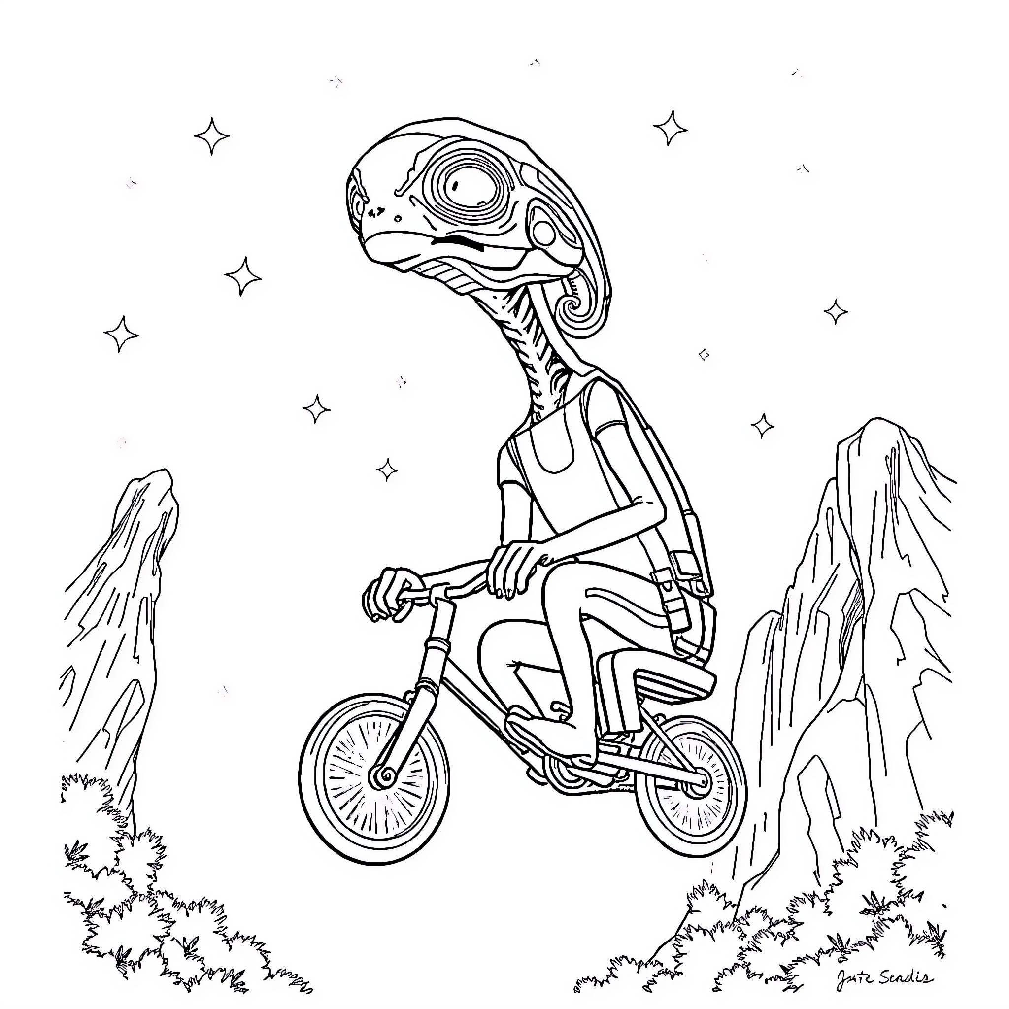 ET Alien riding a bicycle through the stars Coloring Page (free black-and-white line drawing printable PDF for all, from beginners to advanced learners, including children, teens, adults, and seniors)
