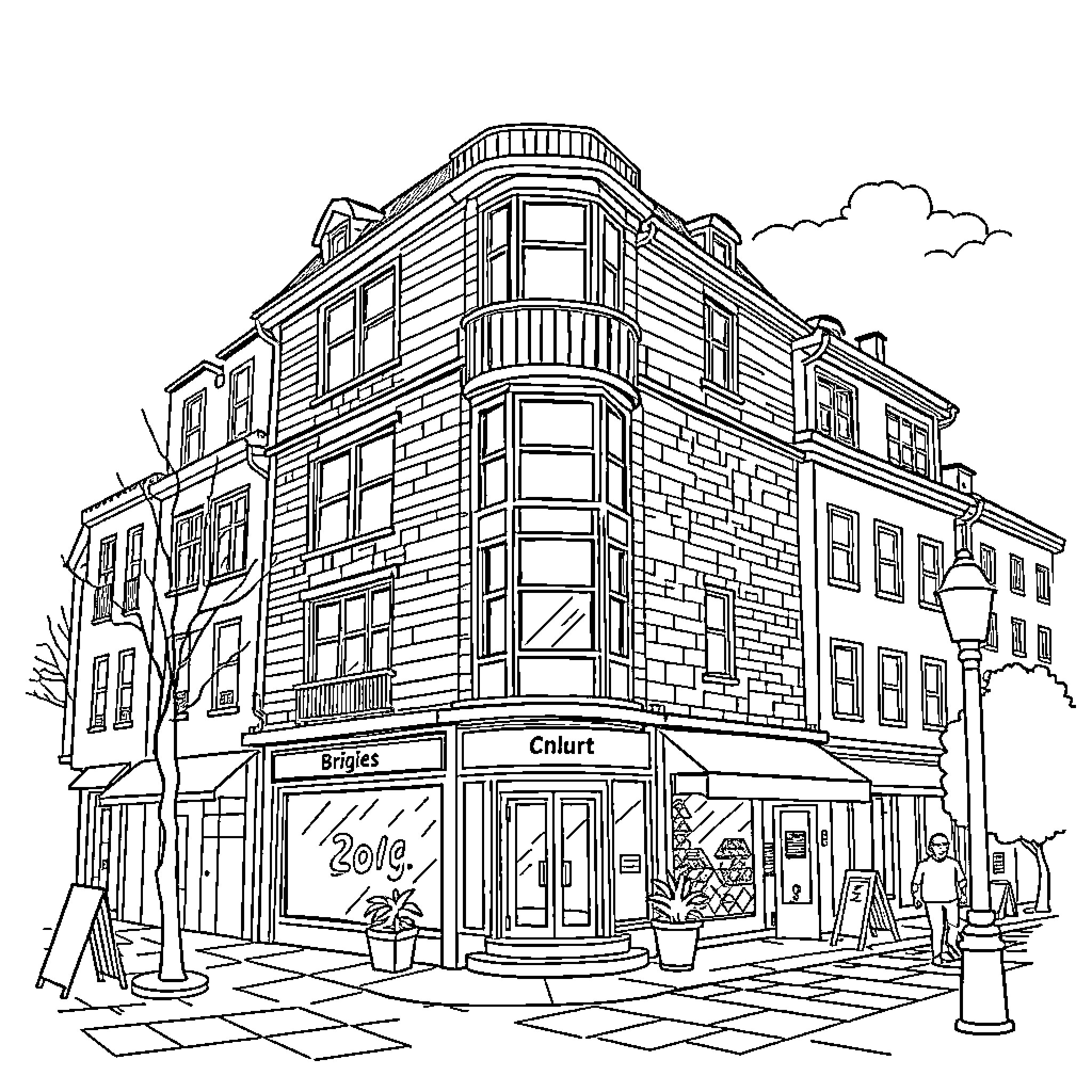 Immeuble avec commerce au coin de la rue Coloring Page (free black-and-white line drawing printable PDF for all, from beginners to advanced learners, including children, teens, adults, and seniors)