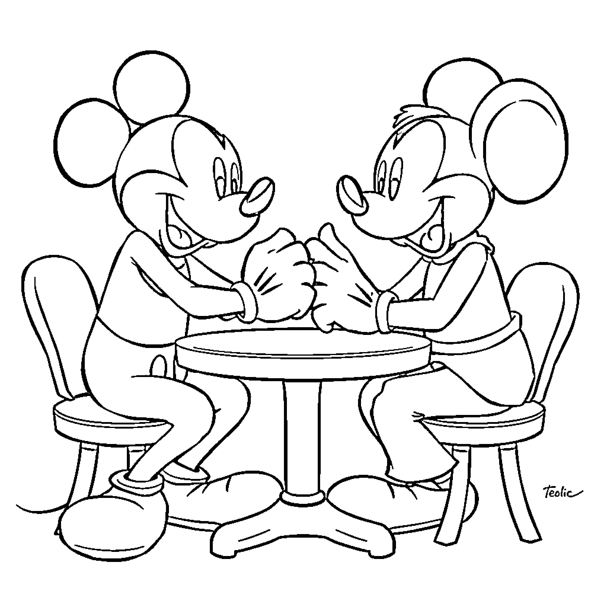 Mouse couple enjoying a friendly conversation Coloring Page (free black-and-white line drawing printable PDF for all, from beginners to advanced learners, including children, teens, adults, and seniors)