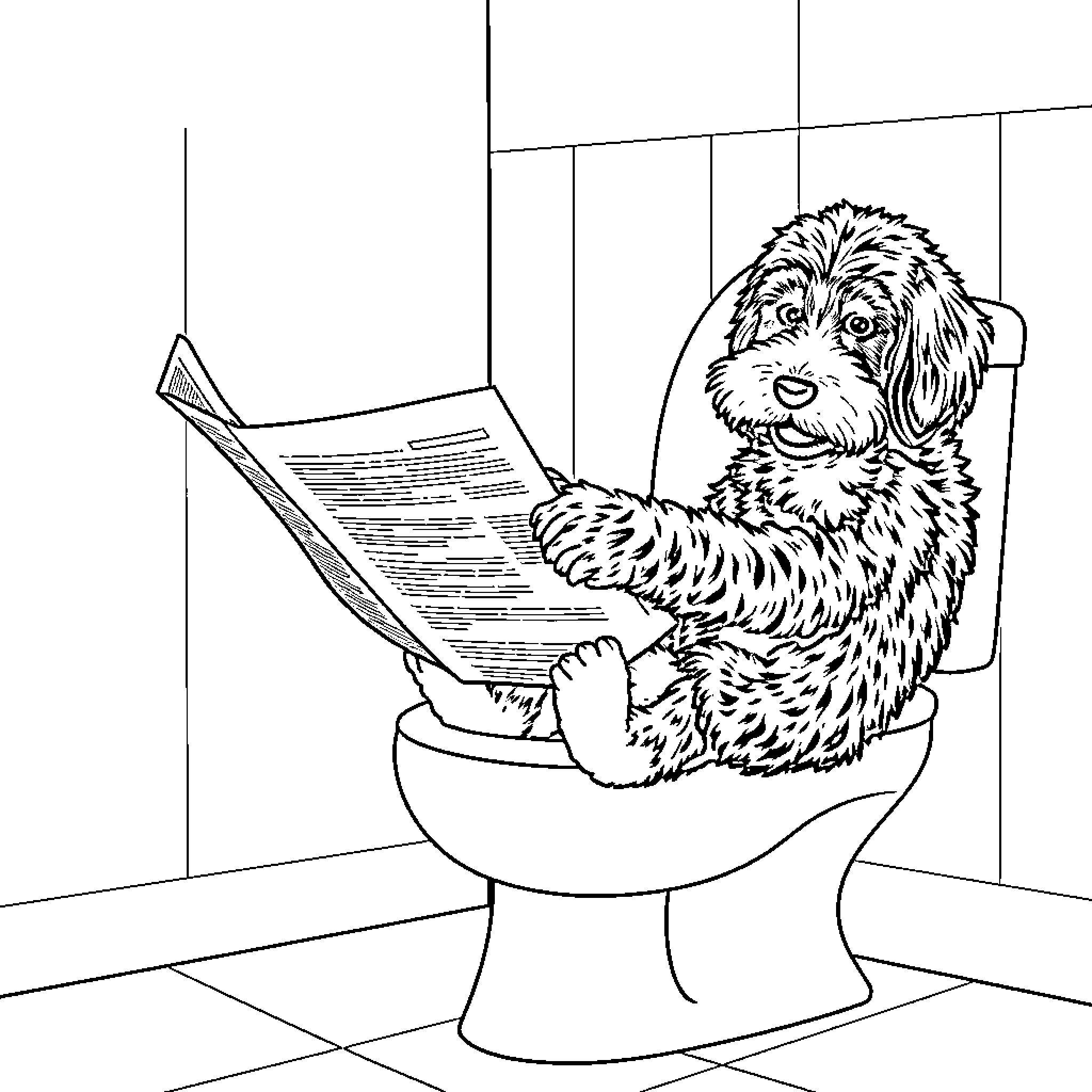 Bernedoodle reading the newspaper on the toilet Coloring Page (free black-and-white line drawing printable PDF for all, from beginners to advanced learners, including children, teens, adults, and seniors)