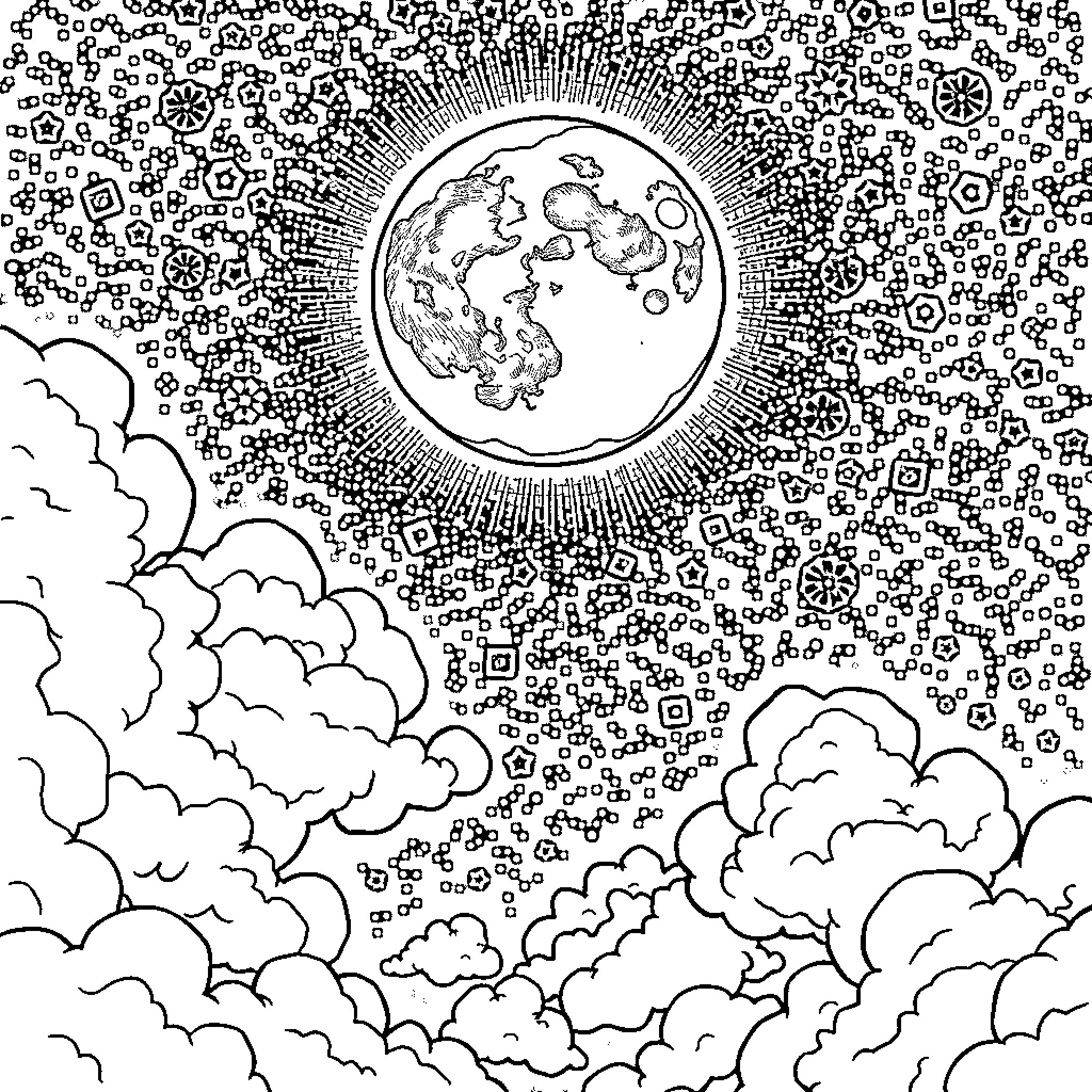 Moon shining brightly in the night sky Coloring Page (free black-and-white line drawing printable PDF for all, from beginners to advanced learners, including children, teens, adults, and seniors)