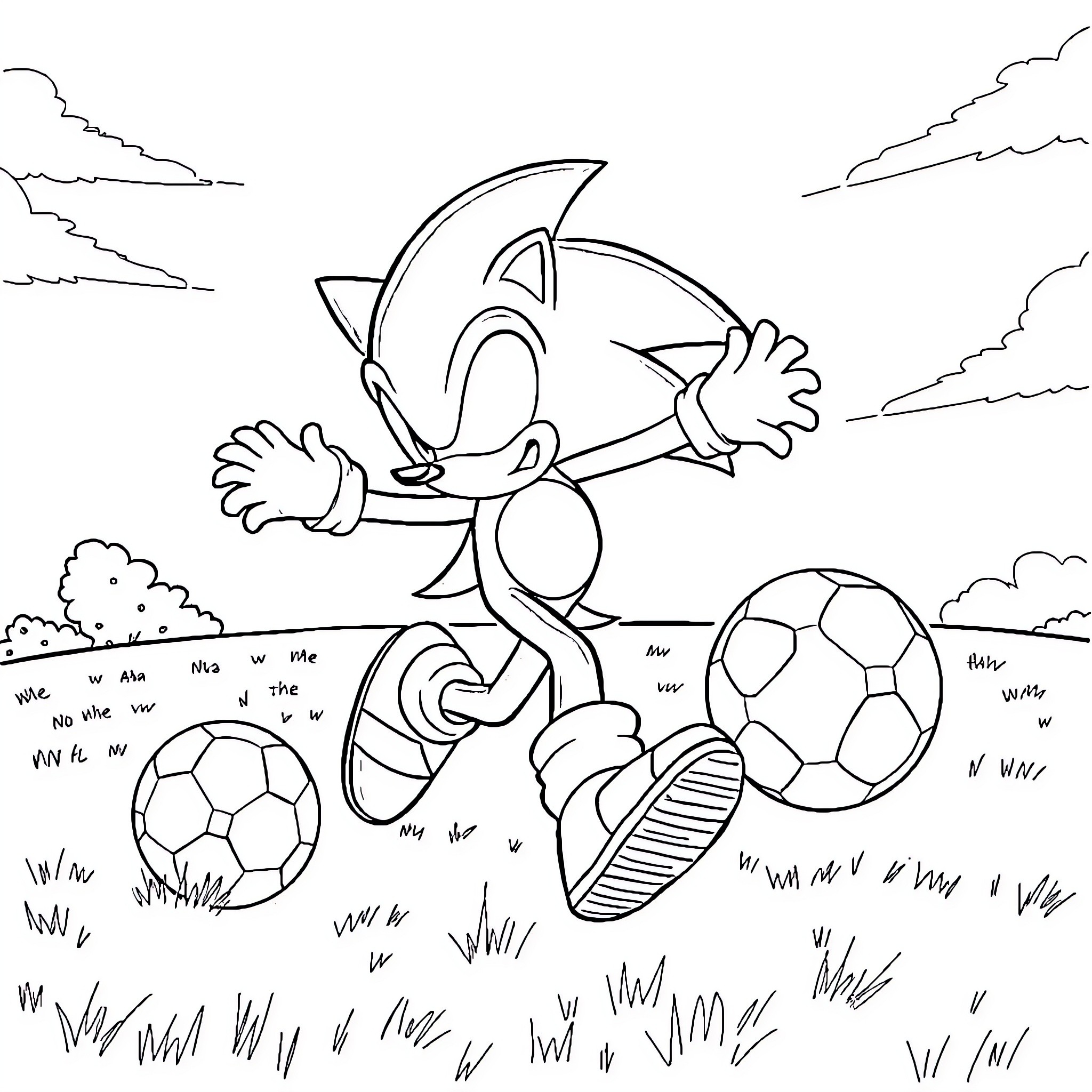 Sonic running playfully with soccer balls Coloring Page (free black-and-white line drawing printable PDF for all, from beginners to advanced learners, including children, teens, adults, and seniors)