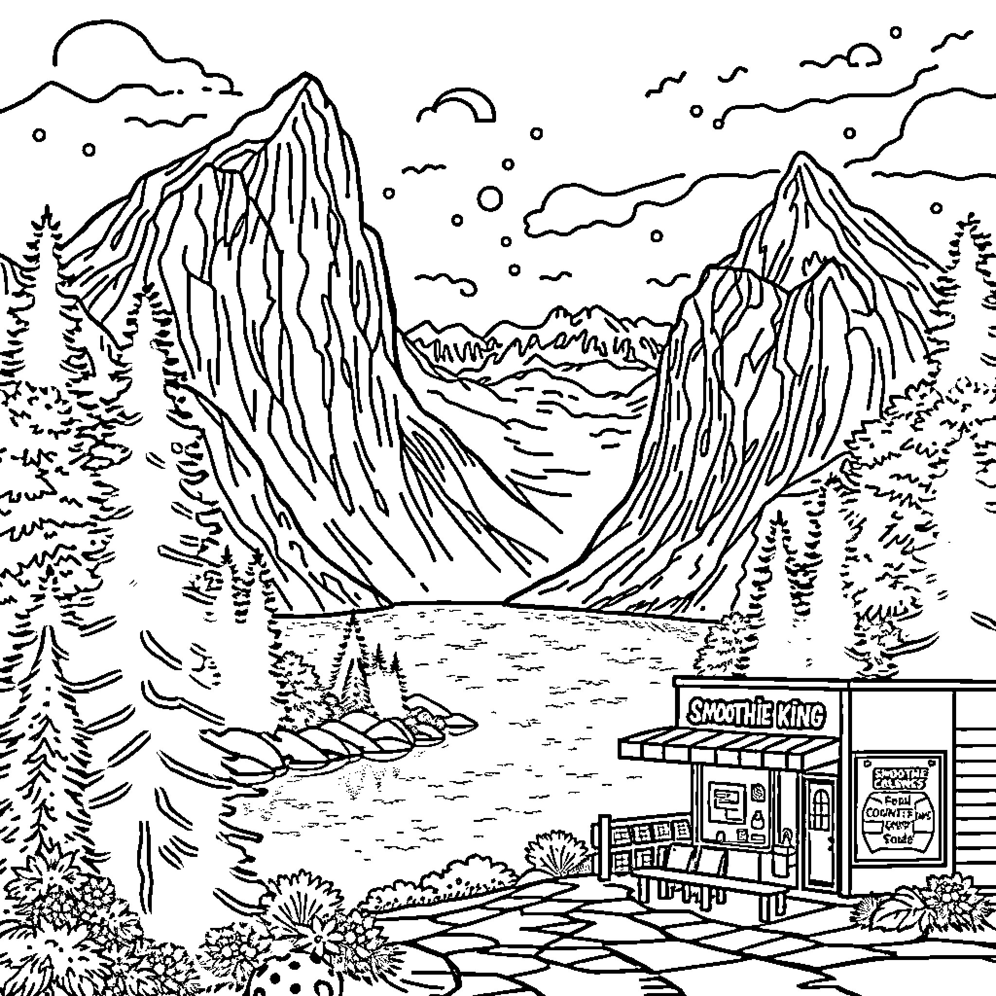 Mountain Landscape with Small Shop Coloring Page (free black-and-white line drawing printable PDF for all, from beginners to advanced learners, including children, teens, adults, and seniors)