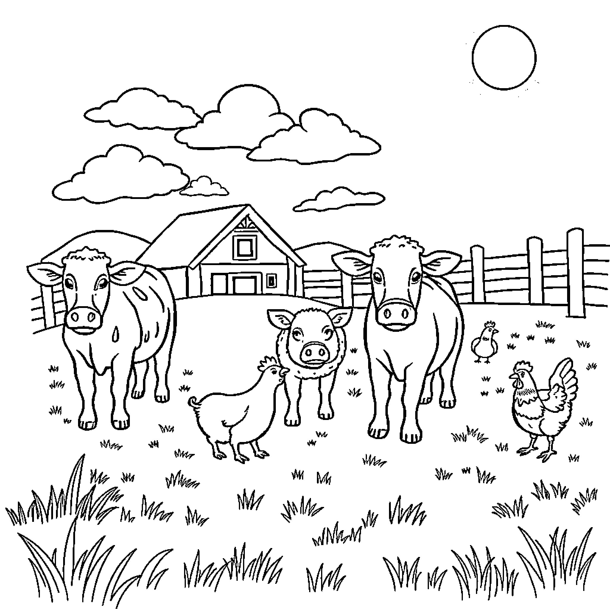 Farm Animal Scene with Barnyard Animals Coloring Page (free black-and-white line drawing printable PDF for all, from beginners to advanced learners, including children, teens, adults, and seniors)