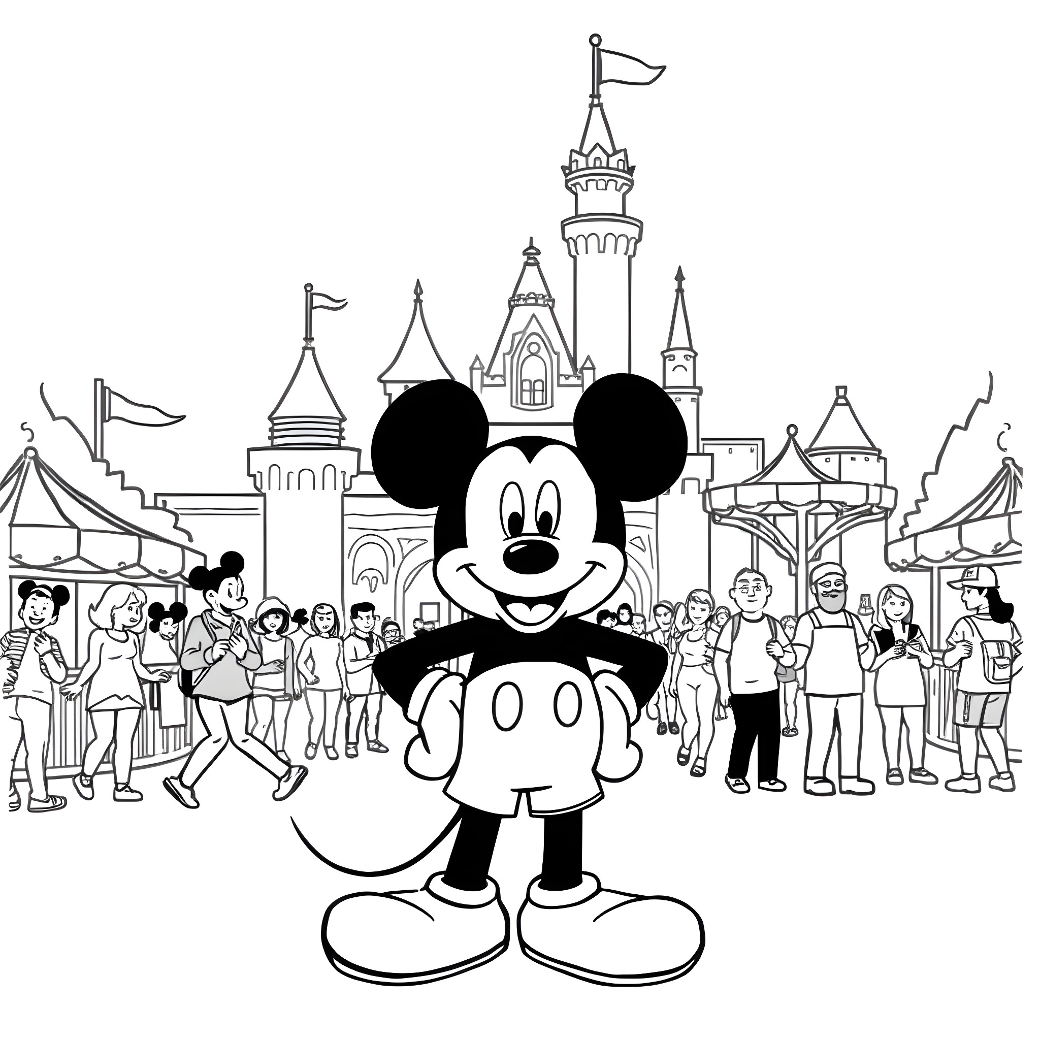 Mickey Mouse at the Magical Disney Castle Coloring Page (free black-and-white line drawing printable PDF for all, from beginners to advanced learners, including children, teens, adults, and seniors)