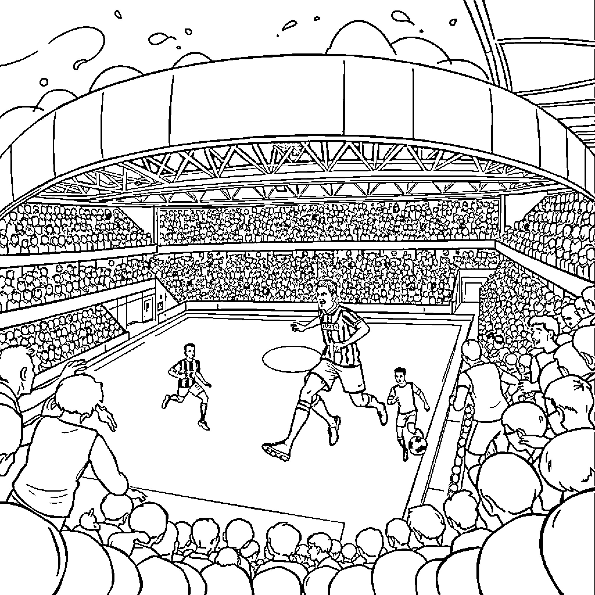 Bradford City Football Match in a Stadium Coloring Page (free black-and-white line drawing printable PDF for all, from beginners to advanced learners, including children, teens, adults, and seniors)