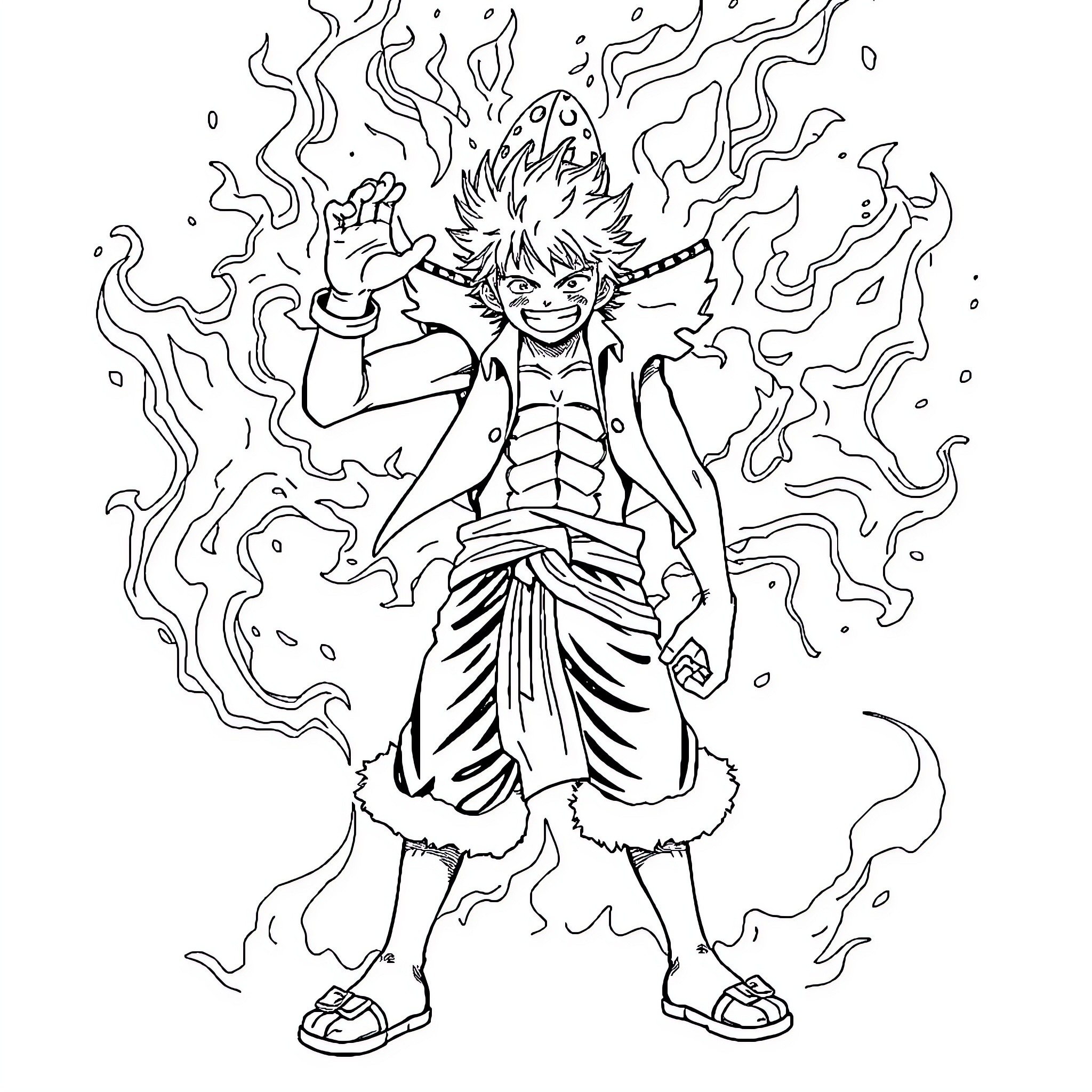 Luffy's Fiery Determination in Action Coloring Page (free black-and-white line drawing printable PDF for all, from beginners to advanced learners, including children, teens, adults, and seniors)