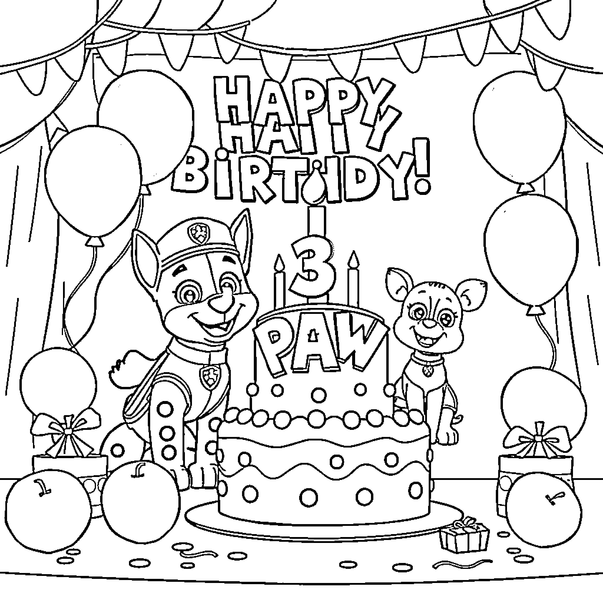 Paw Patrol Birthday Celebration with Cake and Balloons Coloring Page (free black-and-white line drawing printable PDF for all, from beginners to advanced learners, including children, teens, adults, and seniors)
