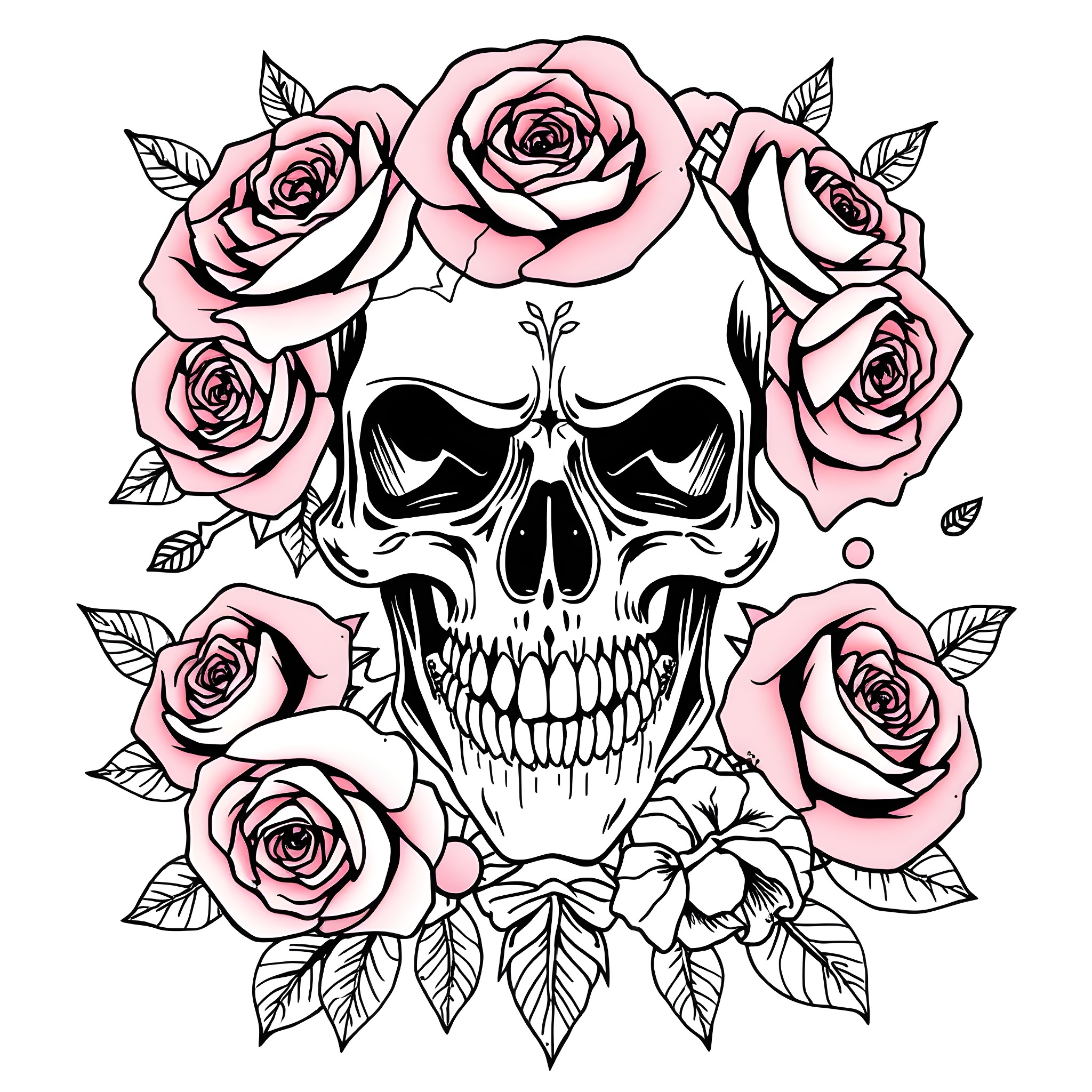 Guns N Roses Skull Surrounded by Floral Designs Coloring Page (free black-and-white line drawing printable PDF for all, from beginners to advanced learners, including children, teens, adults, and seniors)