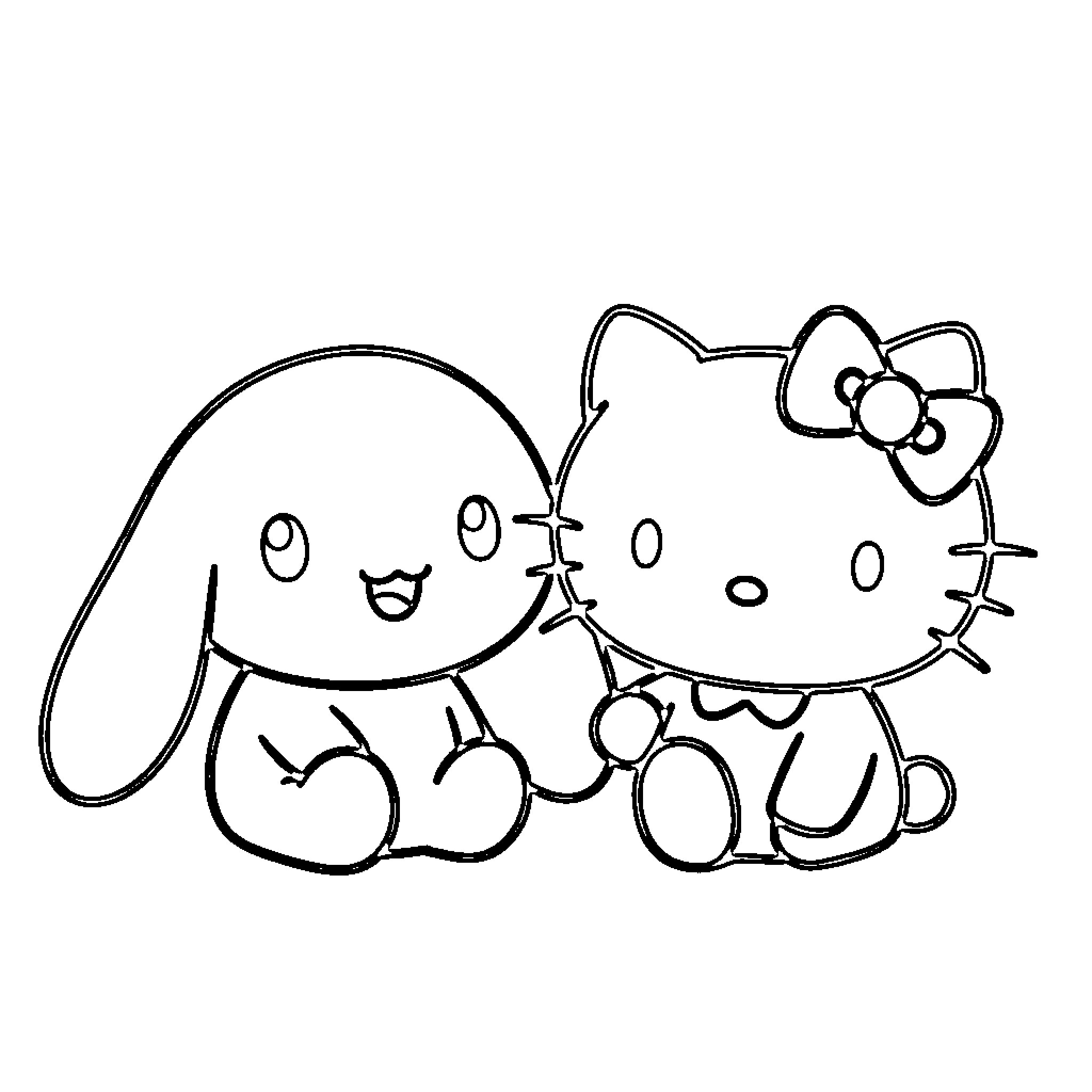 Cinnamoroll sitting side by side with Hello Kitty Coloring Page (free black-and-white line drawing printable PDF for all, from beginners to advanced learners, including children, teens, adults, and seniors)