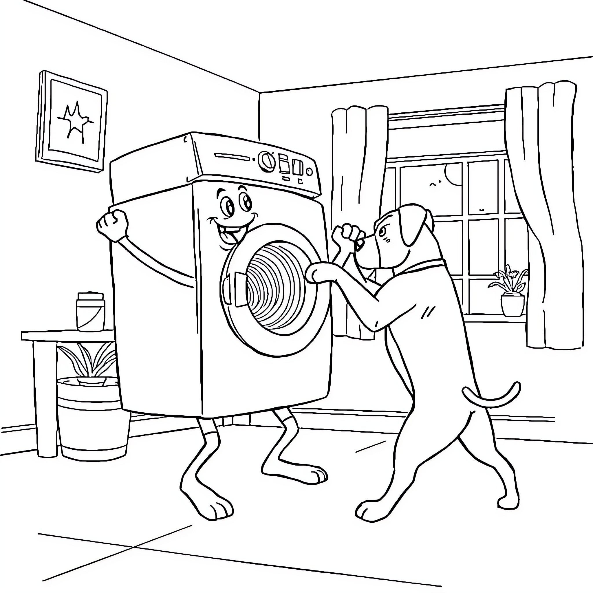 Washing Machine Helping Dog with Chores Coloring Page (free black-and-white line drawing printable PDF for all, from beginners to advanced learners, including children, teens, adults, and seniors)