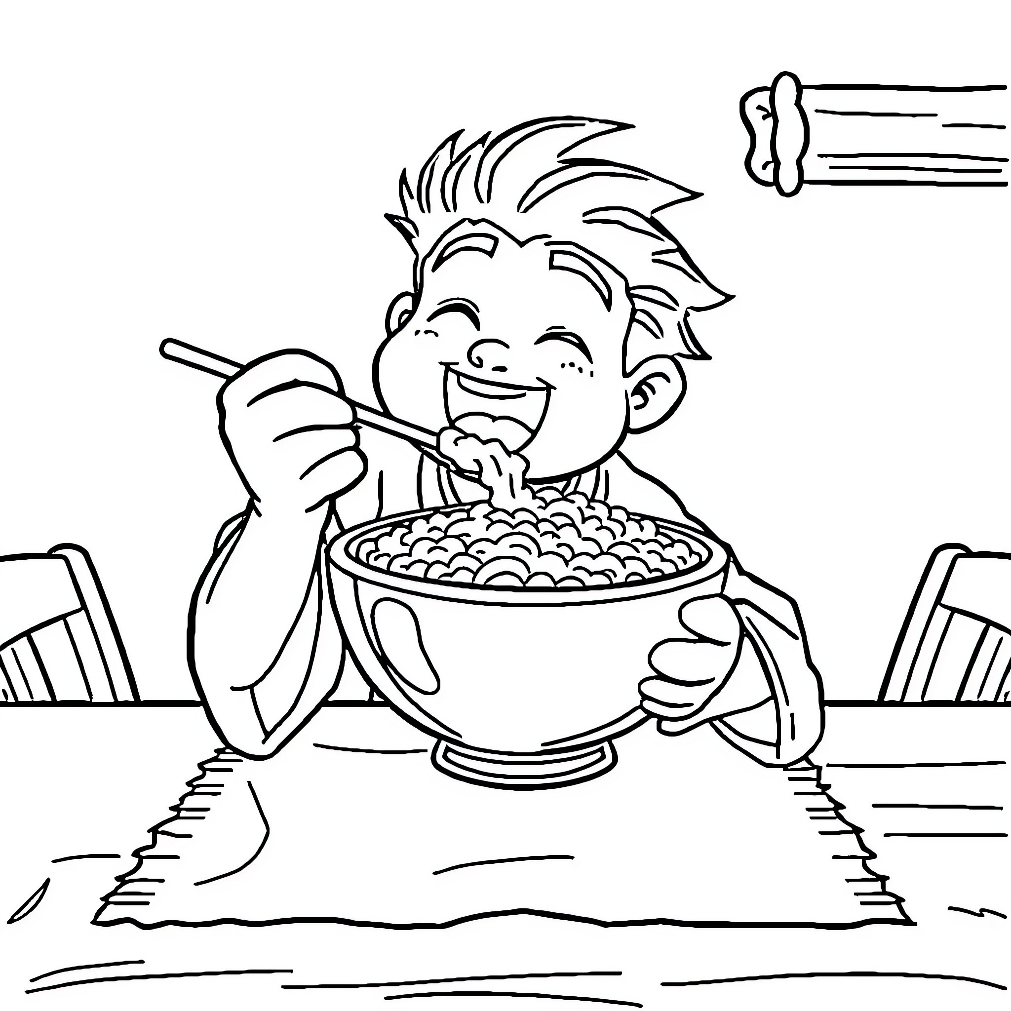Sangoku Happily Eating a Bowl of Noodles Coloring Page (free black-and-white line drawing printable PDF for all, from beginners to advanced learners, including children, teens, adults, and seniors)