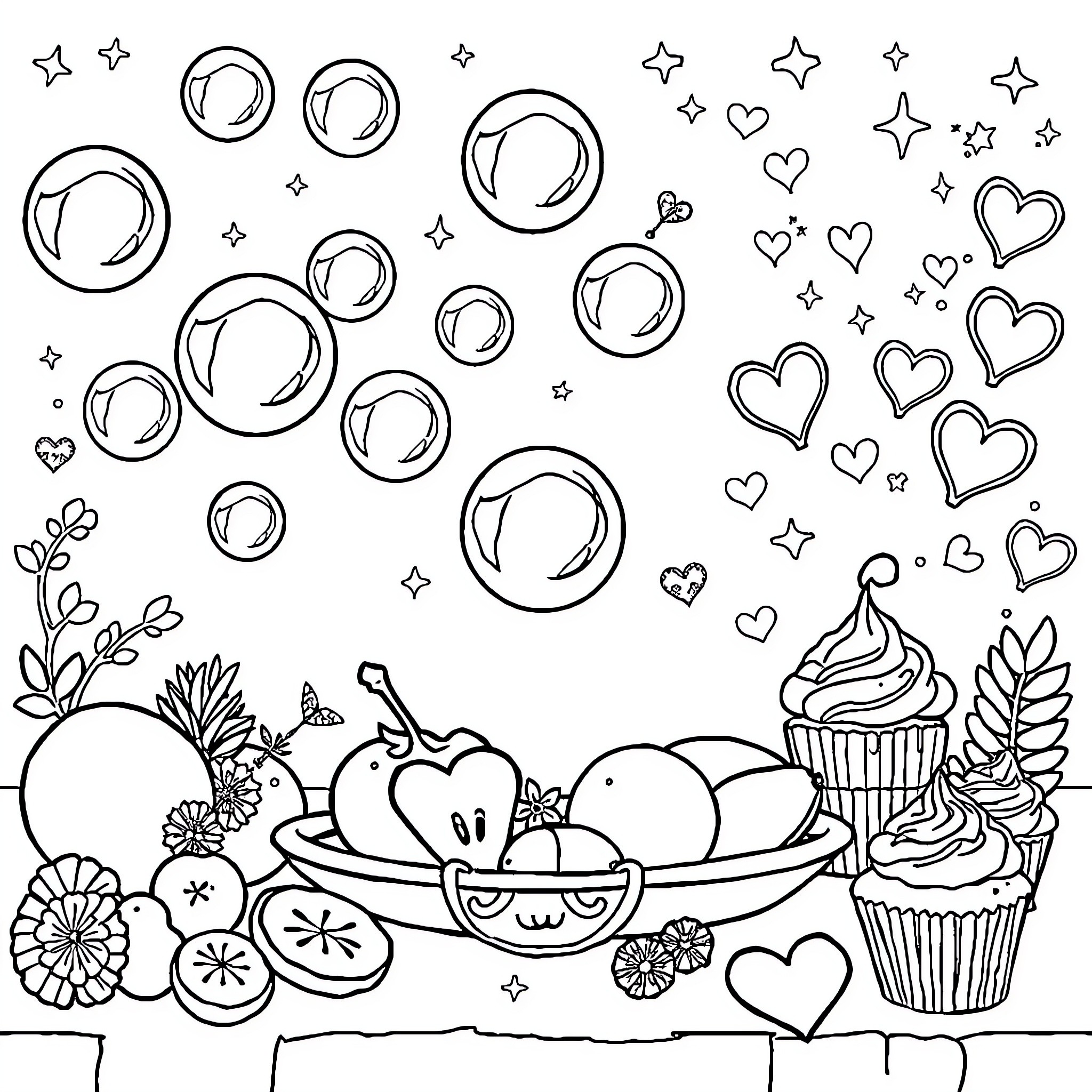 Bubble filled with playful scenes and tasty treats Coloring Page (free black-and-white line drawing printable PDF for all, from beginners to advanced learners, including children, teens, adults, and seniors)