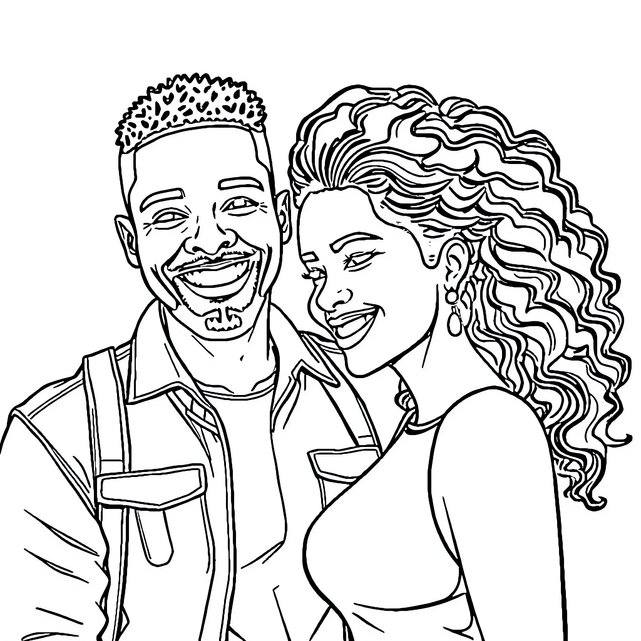 Couple sharing a joyful moment Coloring Page (free black-and-white line drawing printable PDF for all, from beginners to advanced learners, including children, teens, adults, and seniors)