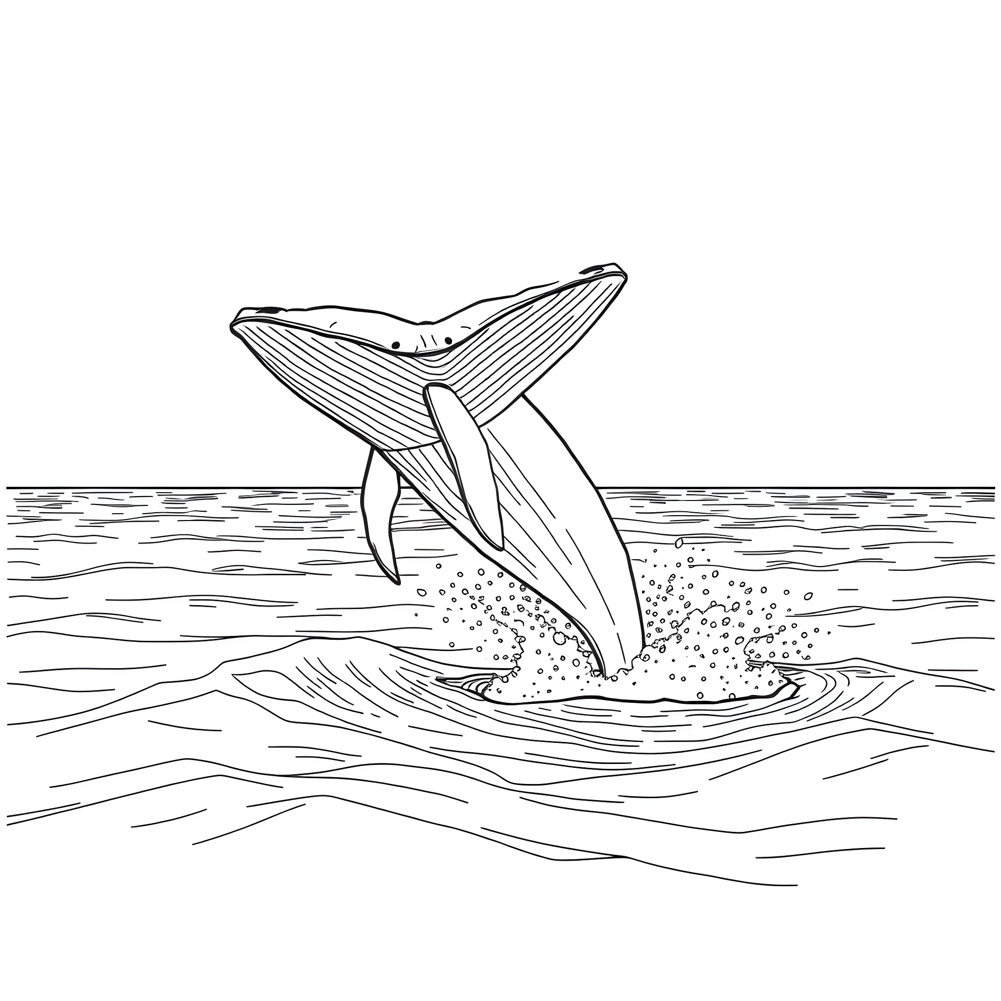 Whale breaching the ocean waves Coloring Page (free black-and-white line drawing printable PDF for all, from beginners to advanced learners, including children, teens, adults, and seniors)