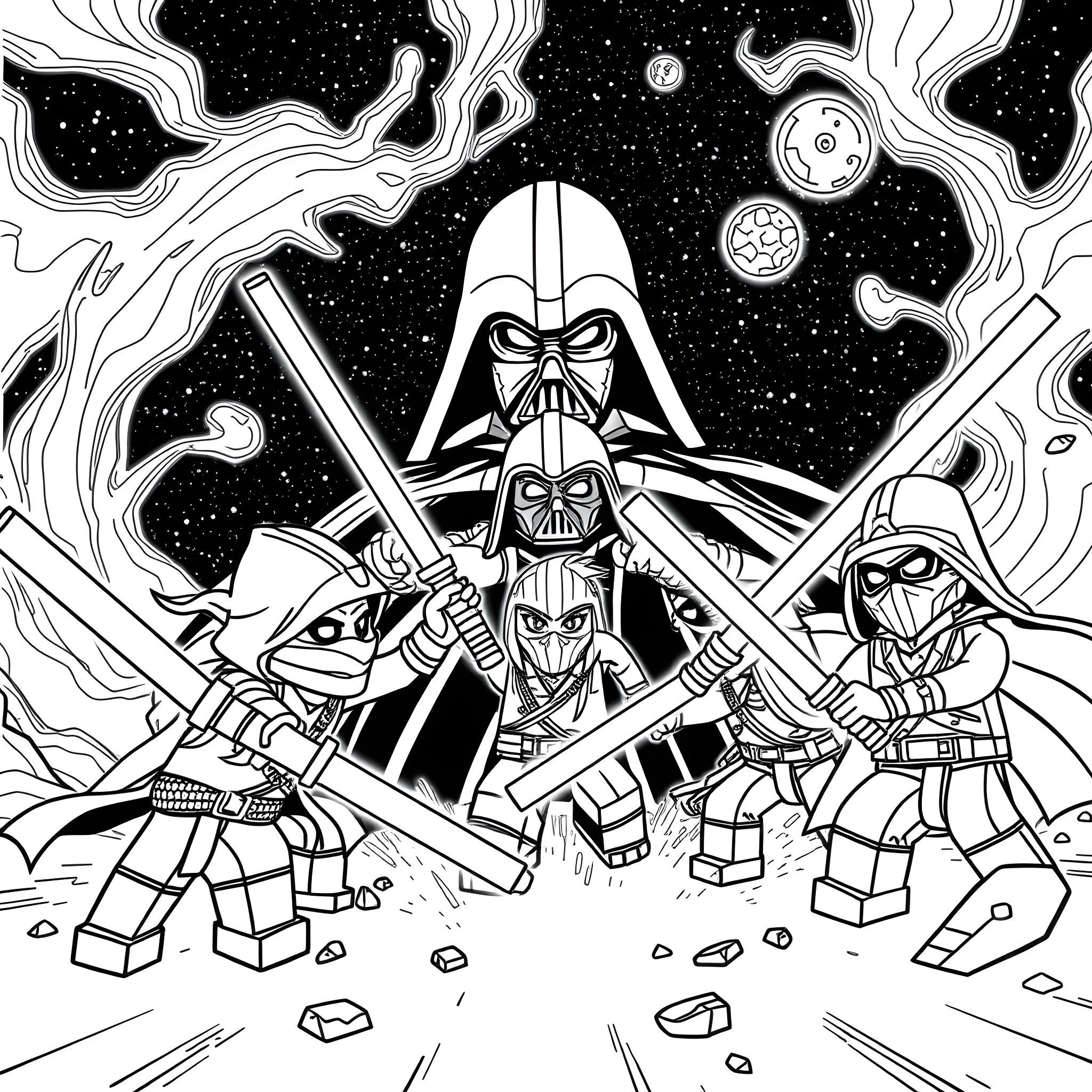 Ninja Warriors Battling in Galactic Conflict Coloring Page (free black-and-white line drawing printable PDF for all, from beginners to advanced learners, including children, teens, adults, and seniors)