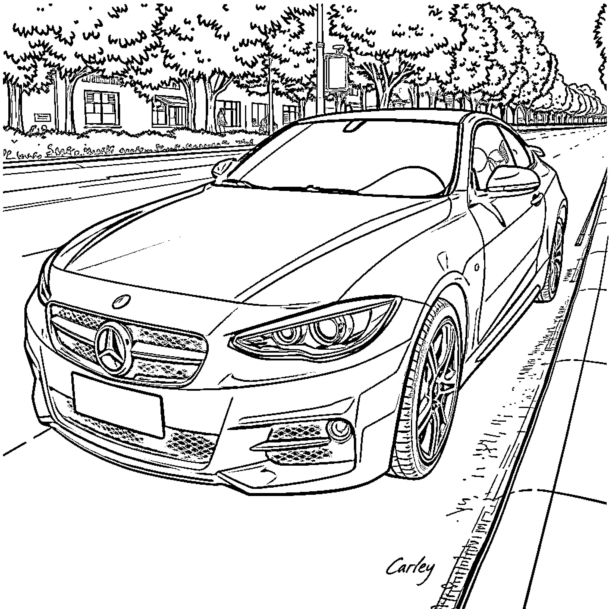 Bilmobile driving down a tree-lined street Coloring Page (free black-and-white line drawing printable PDF for all, from beginners to advanced learners, including children, teens, adults, and seniors)