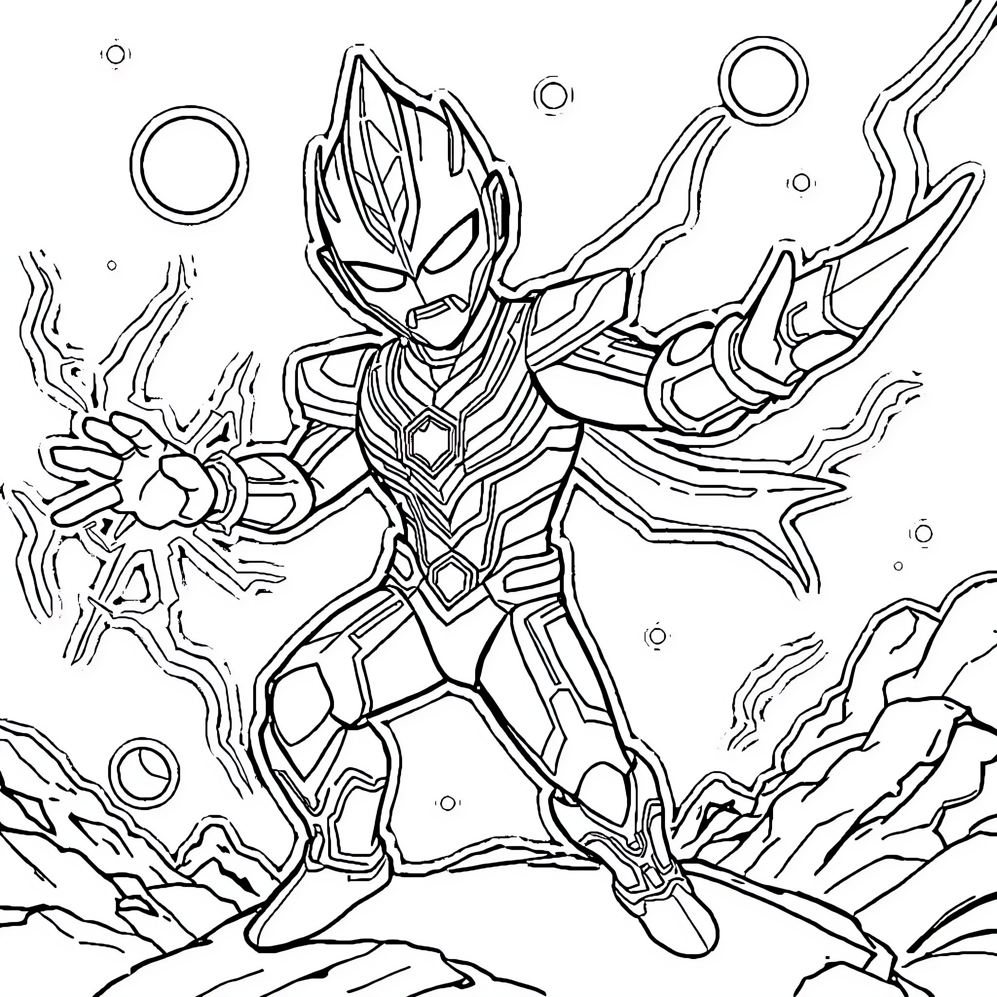 Cat in futuristic alien costume wielding energy blasts Coloring Page (free black-and-white line drawing printable PDF for all, from beginners to advanced learners, including children, teens, adults, and seniors)