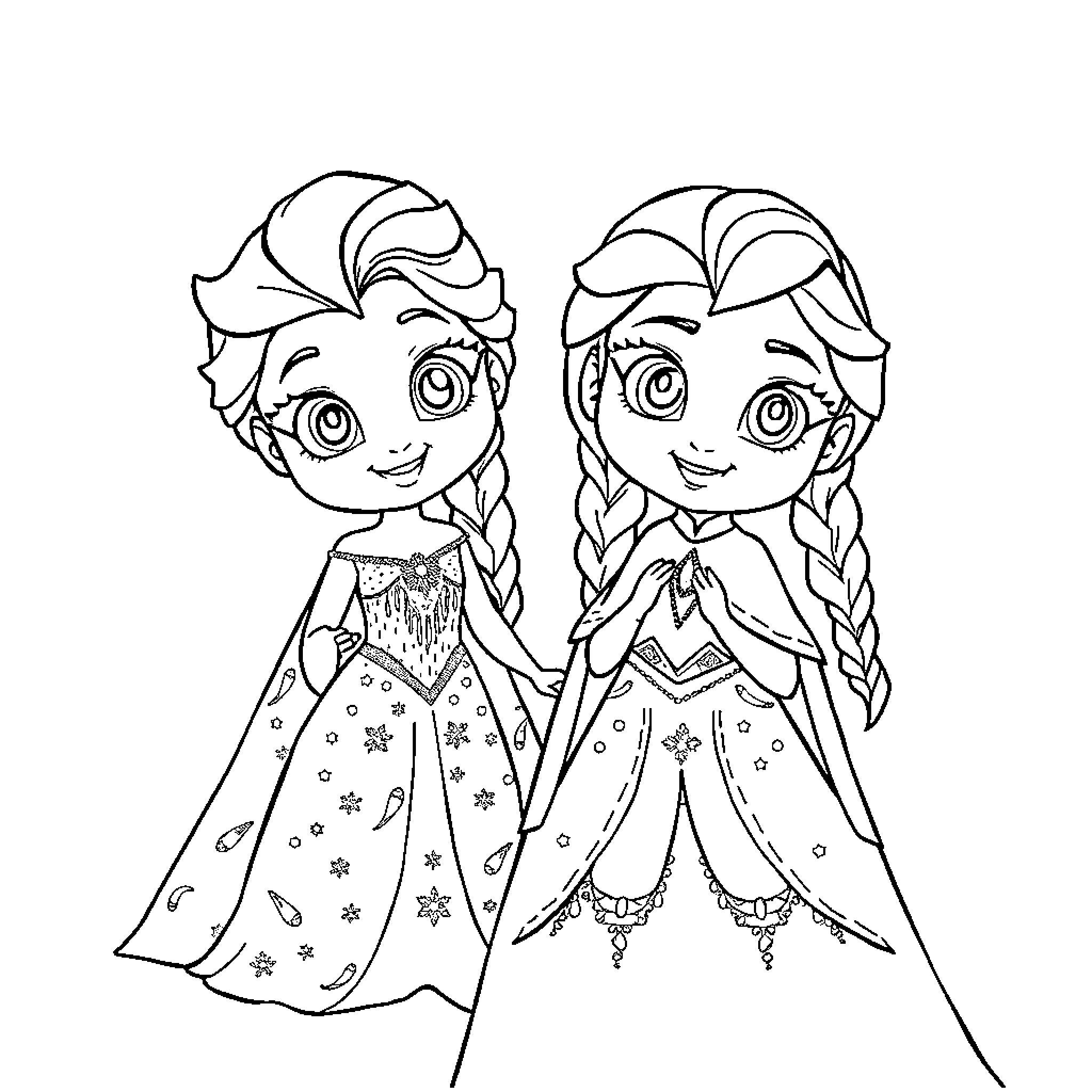Bluey sisters in magical dresses and hairstyles Coloring Page (free black-and-white line drawing printable PDF for all, from beginners to advanced learners, including children, teens, adults, and seniors)