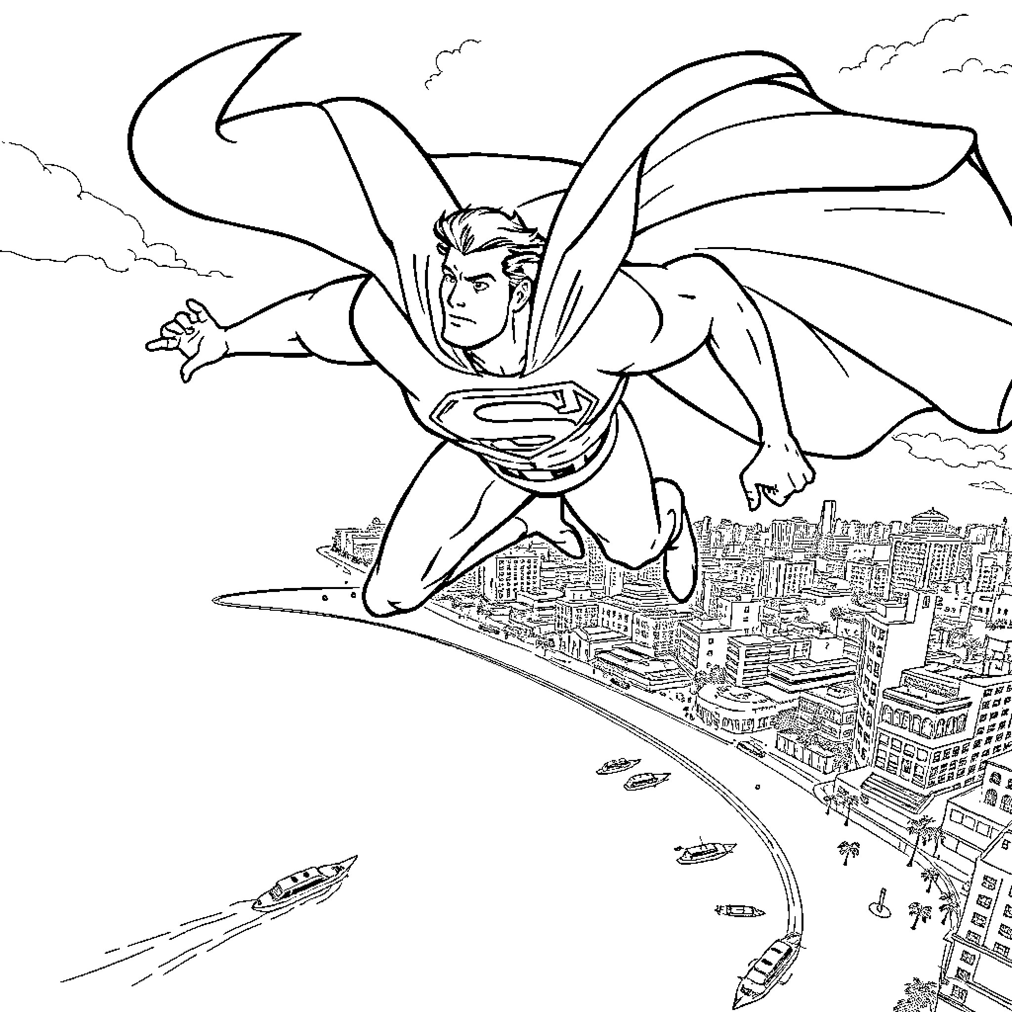 Superman soaring over the city in action pose Coloring Page (free black-and-white line drawing printable PDF for all, from beginners to advanced learners, including children, teens, adults, and seniors)