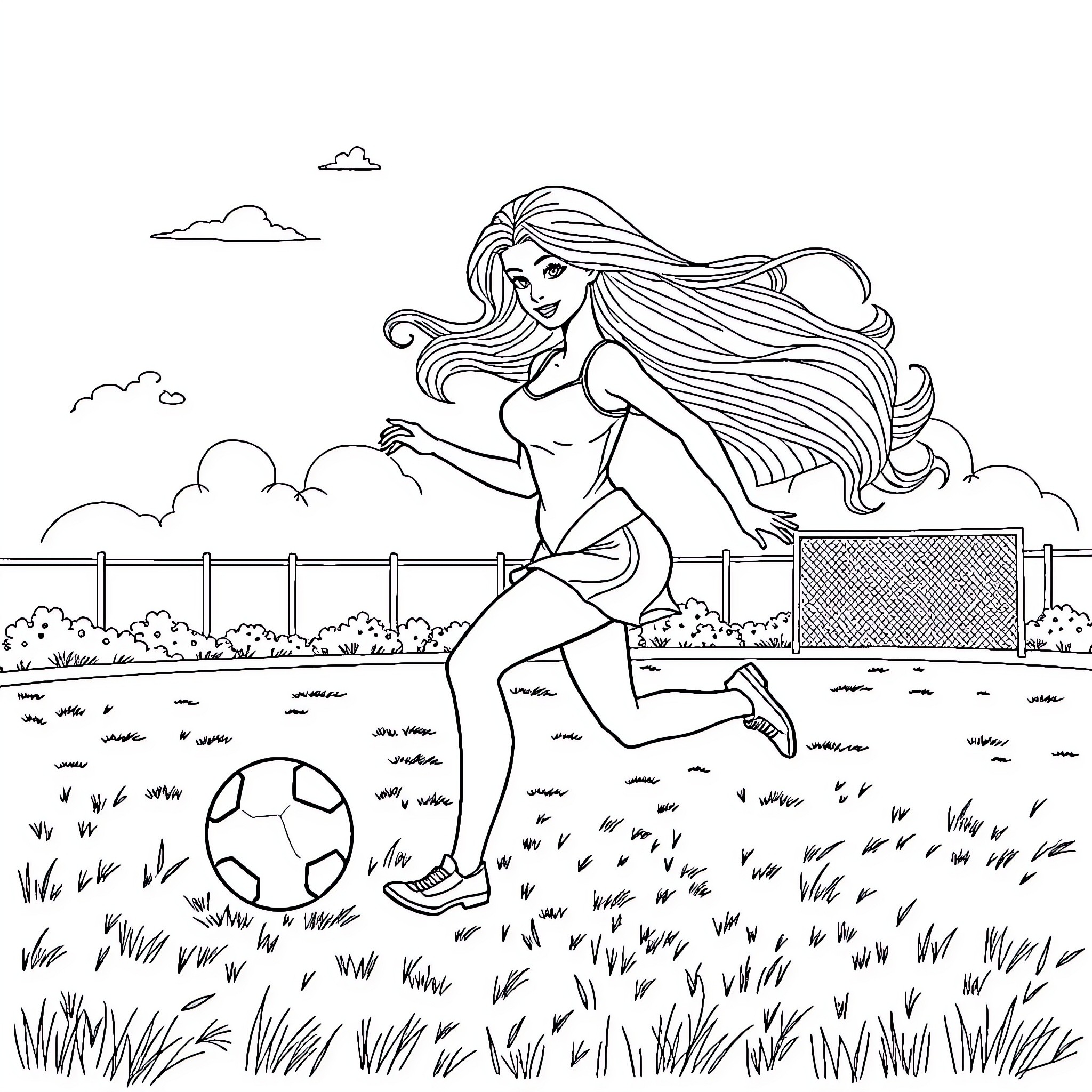 Barbie enjoying an outdoor sports activity Coloring Page (free black-and-white line drawing printable PDF for all, from beginners to advanced learners, including children, teens, adults, and seniors)