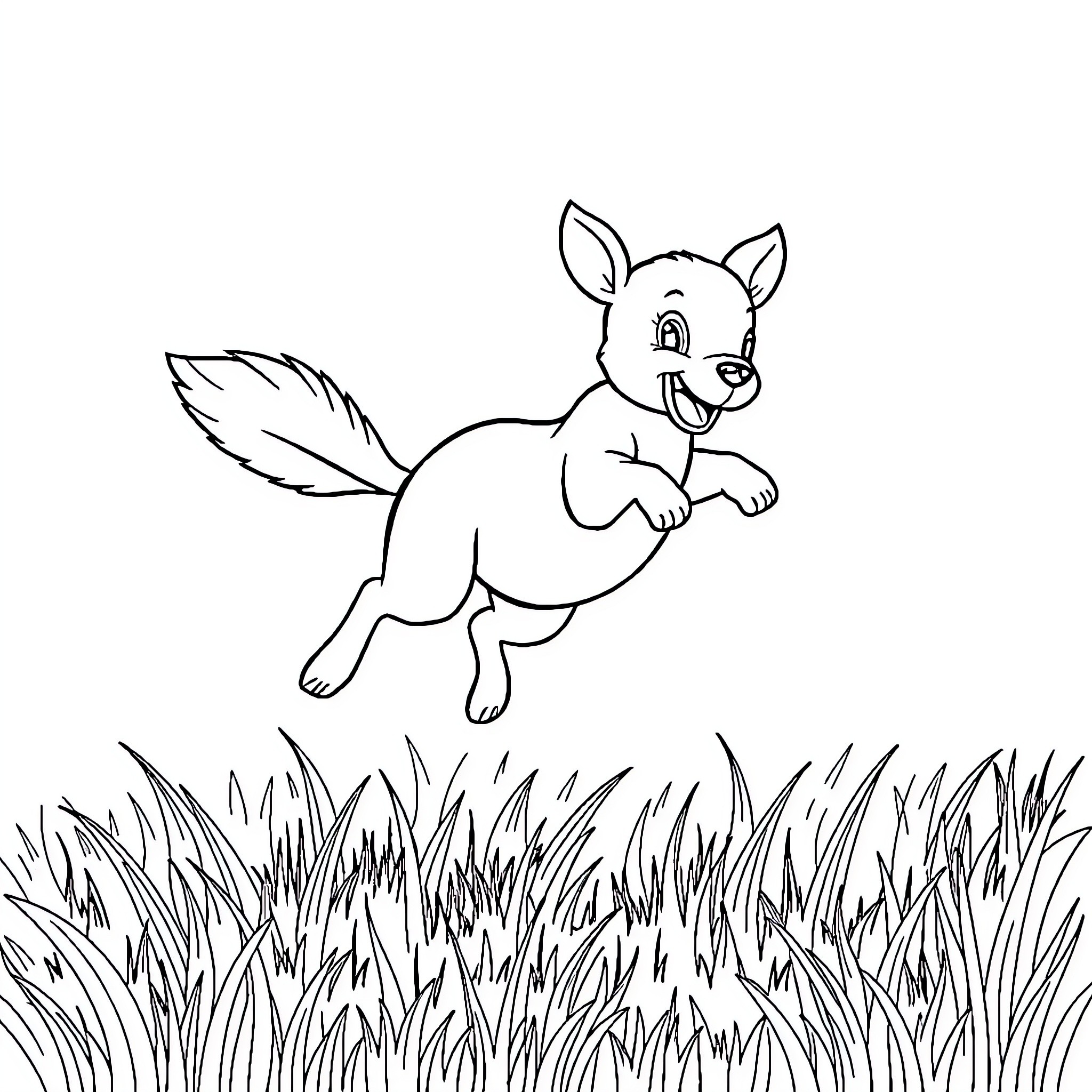 Animal jumping happily through the grass Coloring Page (free black-and-white line drawing printable PDF for all, from beginners to advanced learners, including children, teens, adults, and seniors)