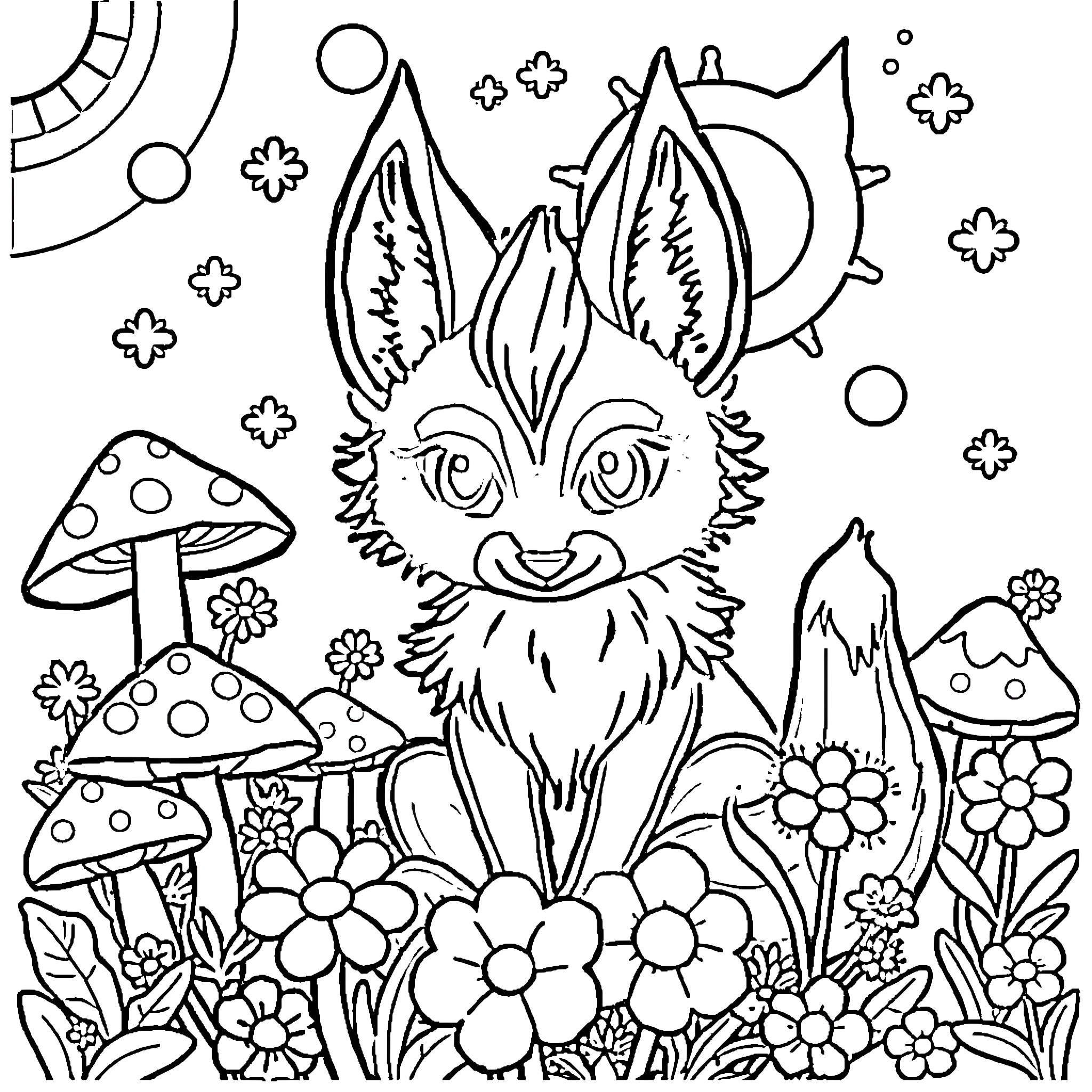 Fox Playing in Enchanted Woodland Coloring Page (free black-and-white line drawing printable PDF for all, from beginners to advanced learners, including children, teens, adults, and seniors)
