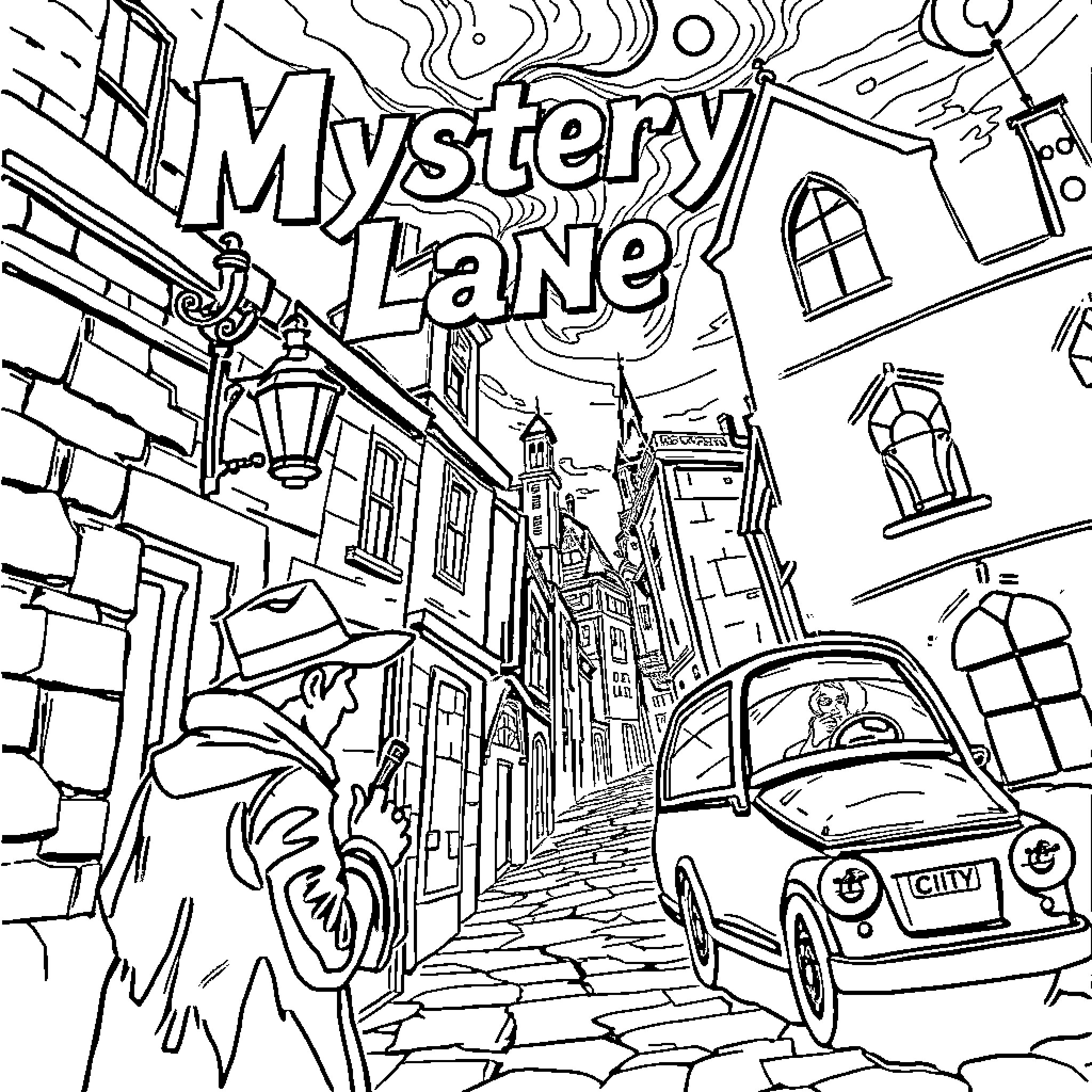 Mystery Lane: A Bustling Street Scene Coloring Page (free black-and-white line drawing printable PDF for all, from beginners to advanced learners, including children, teens, adults, and seniors)