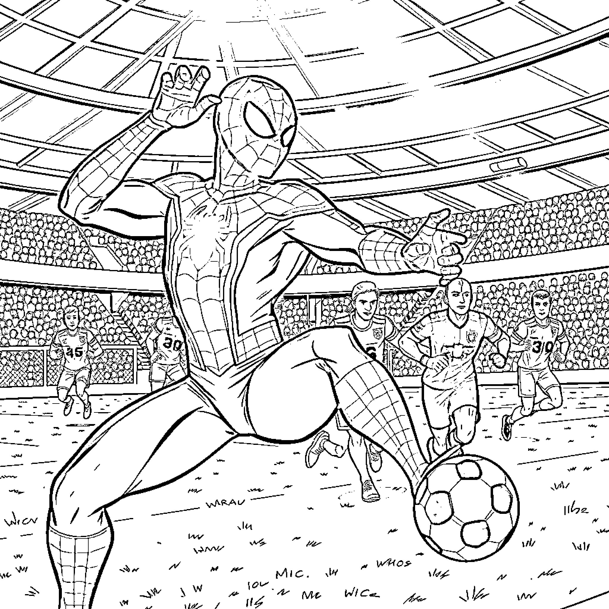 Spiderman playing soccer in a stadium Coloring Page (free black-and-white line drawing printable PDF for all, from beginners to advanced learners, including children, teens, adults, and seniors)