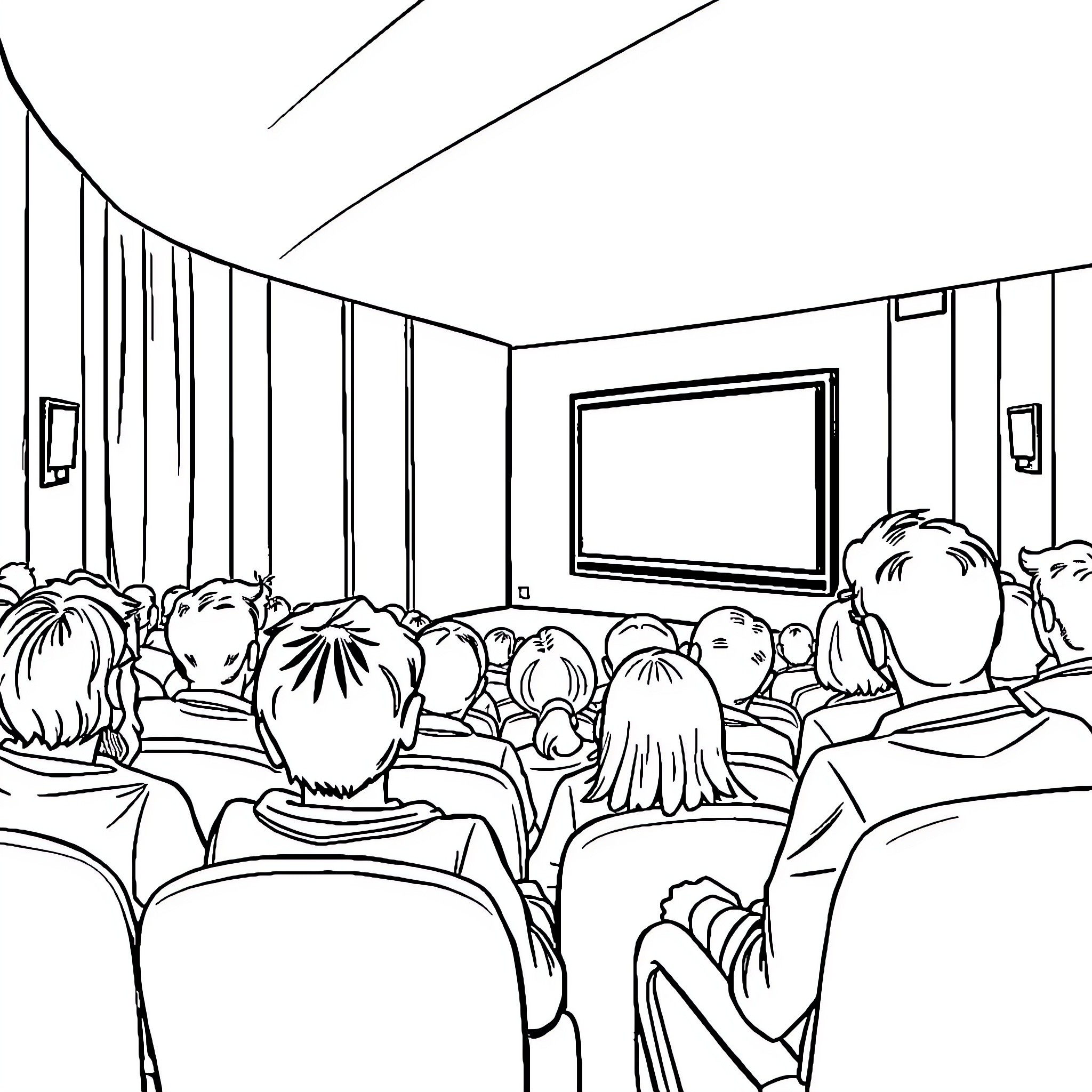 Person watching movie in a crowded theater Coloring Page (free black-and-white line drawing printable PDF for all, from beginners to advanced learners, including children, teens, adults, and seniors)