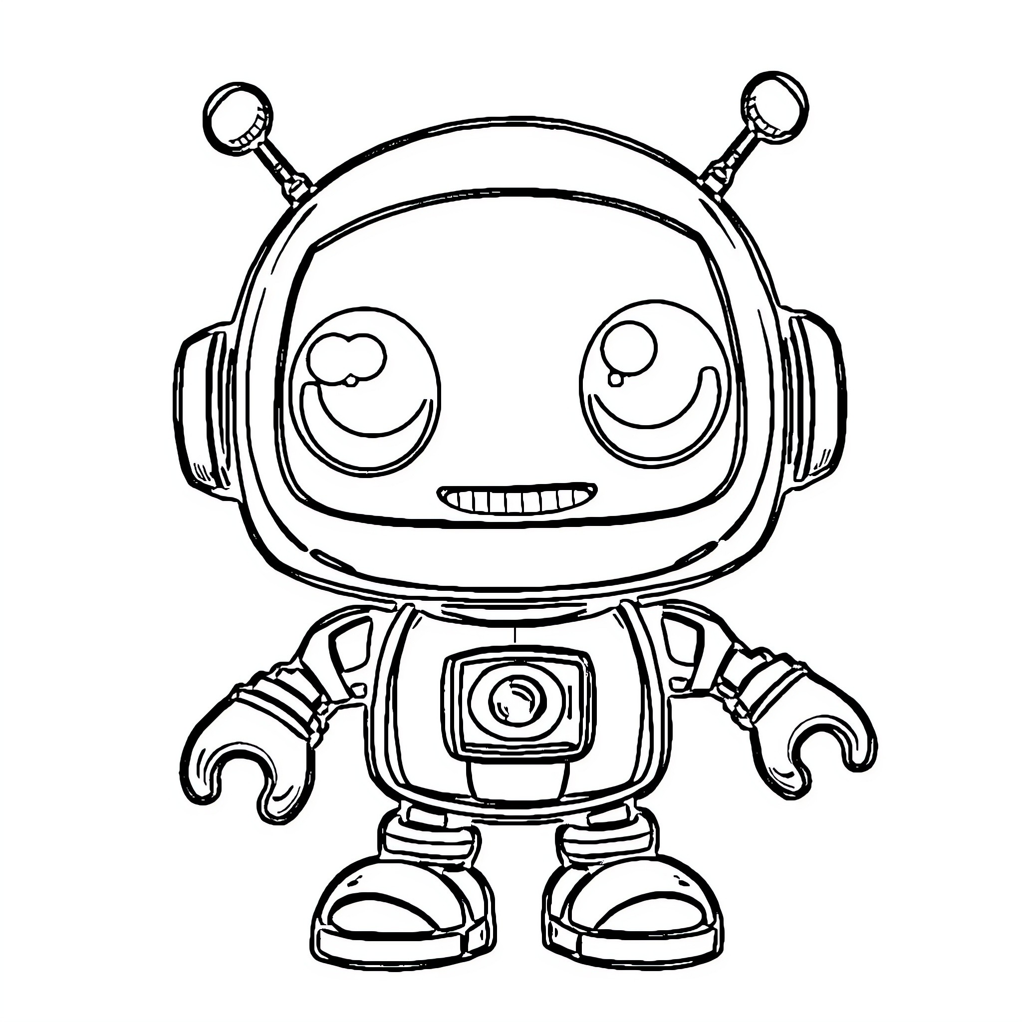 Robot with big smile and antennae Coloring Page (free black-and-white line drawing printable PDF for all, from beginners to advanced learners, including children, teens, adults, and seniors)