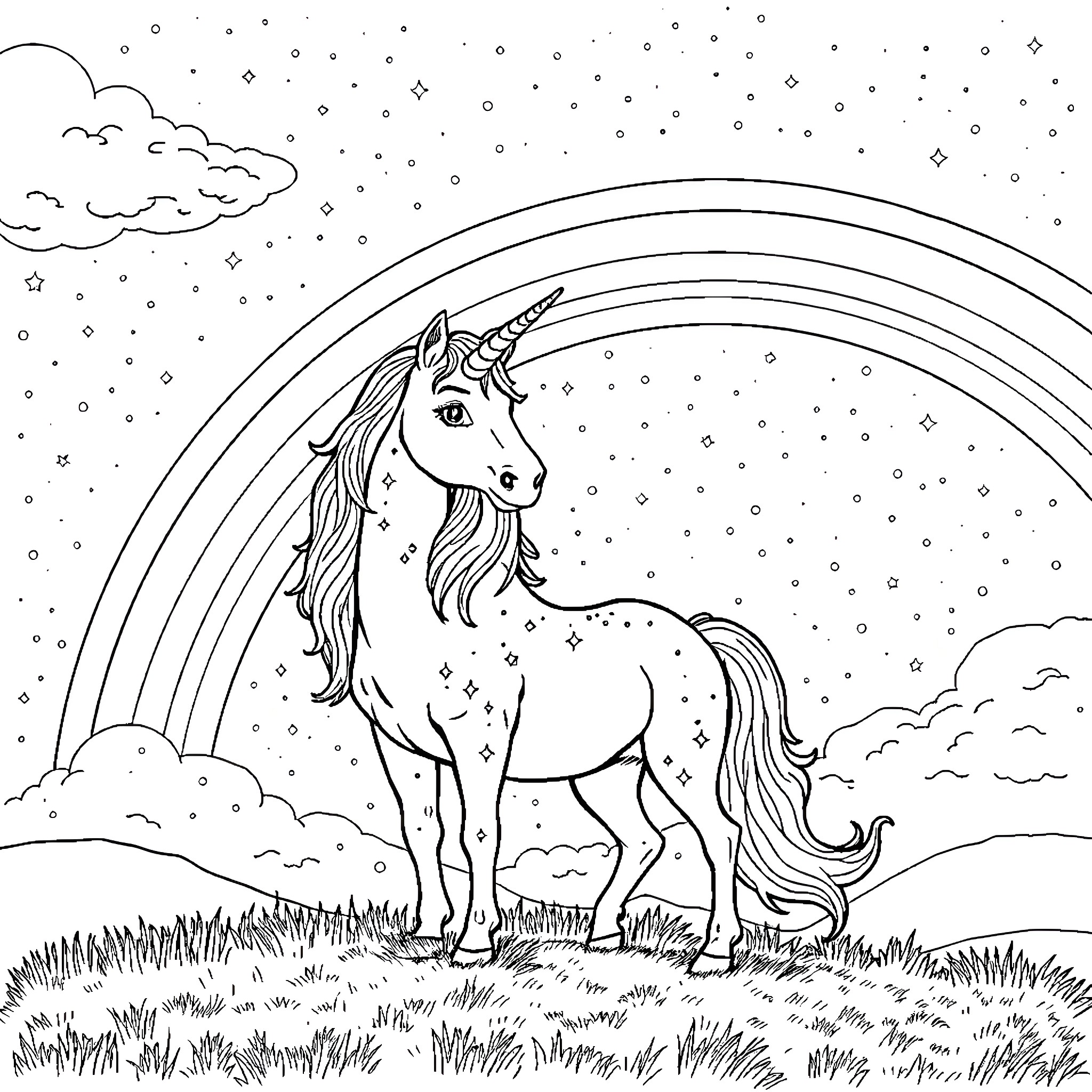 Unicorn standing proudly under a rainbow Coloring Page (free black-and-white line drawing printable PDF for all, from beginners to advanced learners, including children, teens, adults, and seniors)