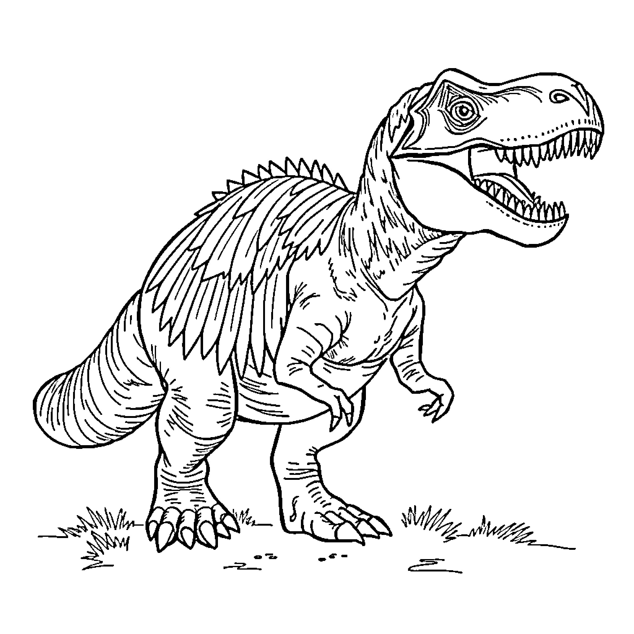 Tyrannosaurus roaring fiercely in prehistoric landscape Coloring Page (free black-and-white line drawing printable PDF for all, from beginners to advanced learners, including children, teens, adults, and seniors)