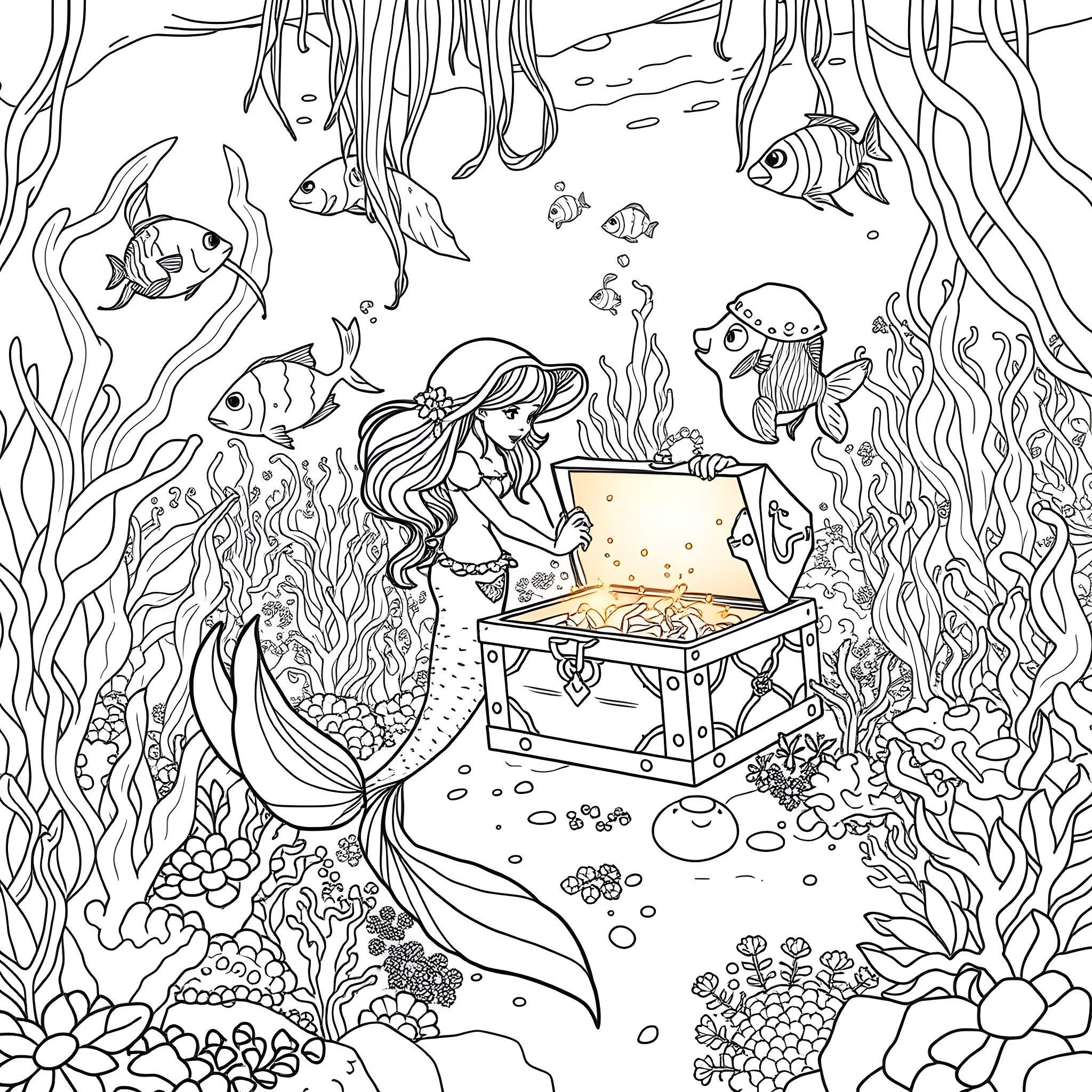Mermaid discovering a treasure chest under the sea Coloring Page (free black-and-white line drawing printable PDF for all, from beginners to advanced learners, including children, teens, adults, and seniors)